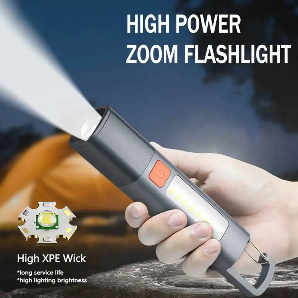 60000lm Mini Zoom Flashlight With COB Side Light High Brightness Long-range Lantern Lock Buckle Design Variable Focus Torch
