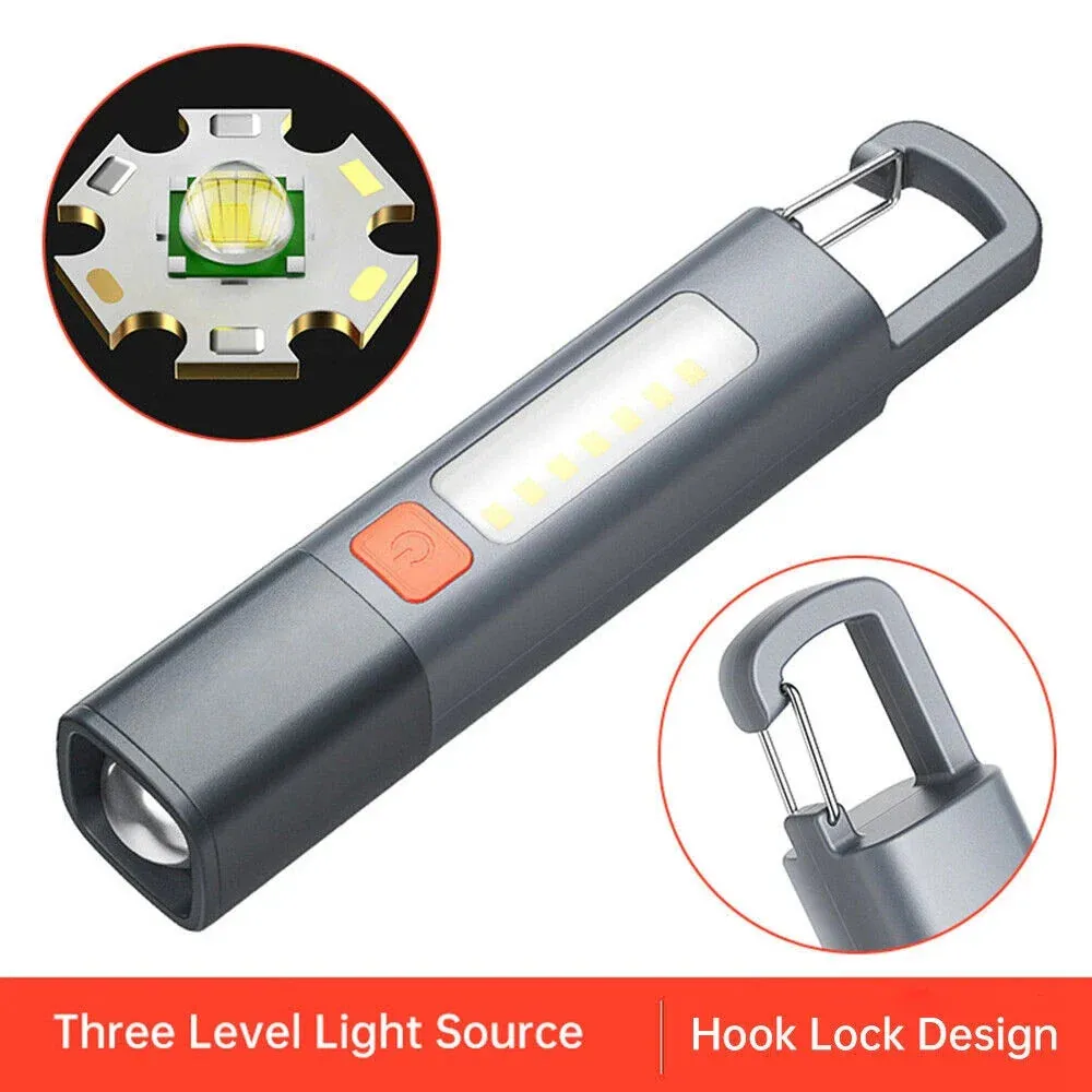 60000lm Mini Zoom Flashlight With COB Side Light High Brightness Long-range Lantern Lock Buckle Design Variable Focus Torch