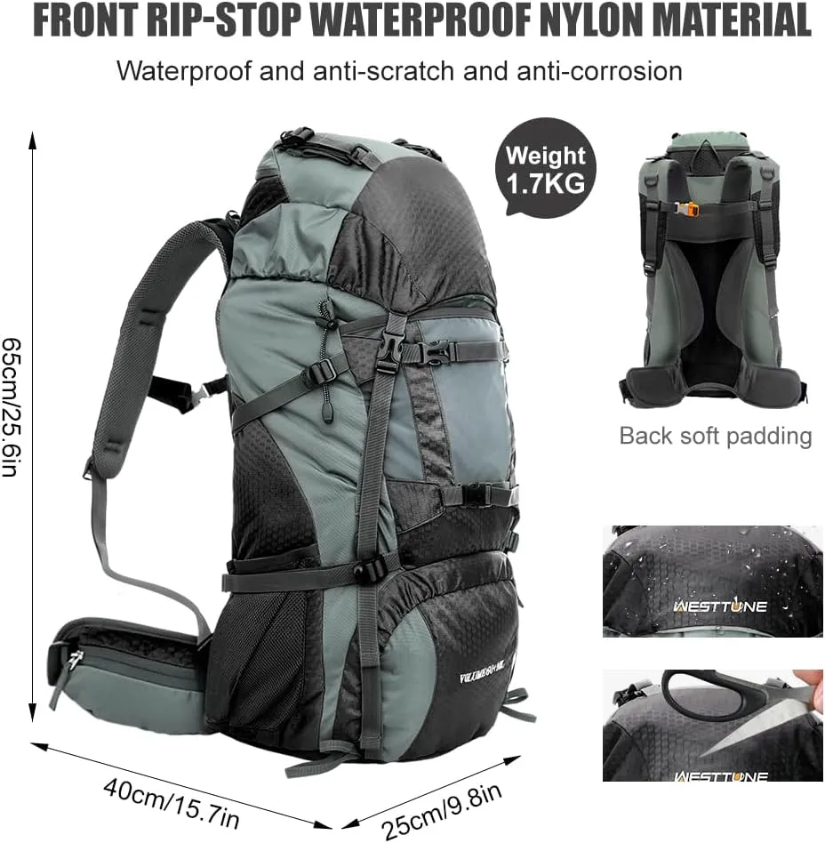 60L Explorer Internal Frame Backpack,Camping Backpacking Hiking Backpack for Men Women with Rain Cover (Gray)