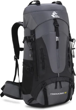 60L Hiking Camping Backpack with Rain Cover, Waterproof Large Capacity Outdoor Sport Travel Daypack Climbing Touring (Gray)