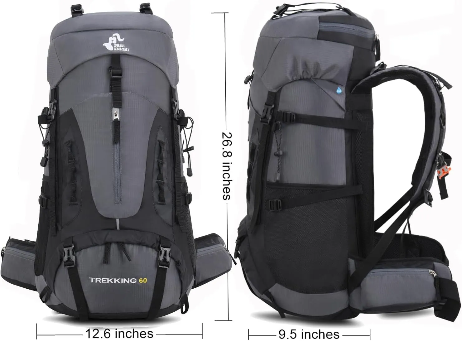 60L Hiking Camping Backpack with Rain Cover, Waterproof Large Capacity Outdoor Sport Travel Daypack Climbing Touring (Gray)