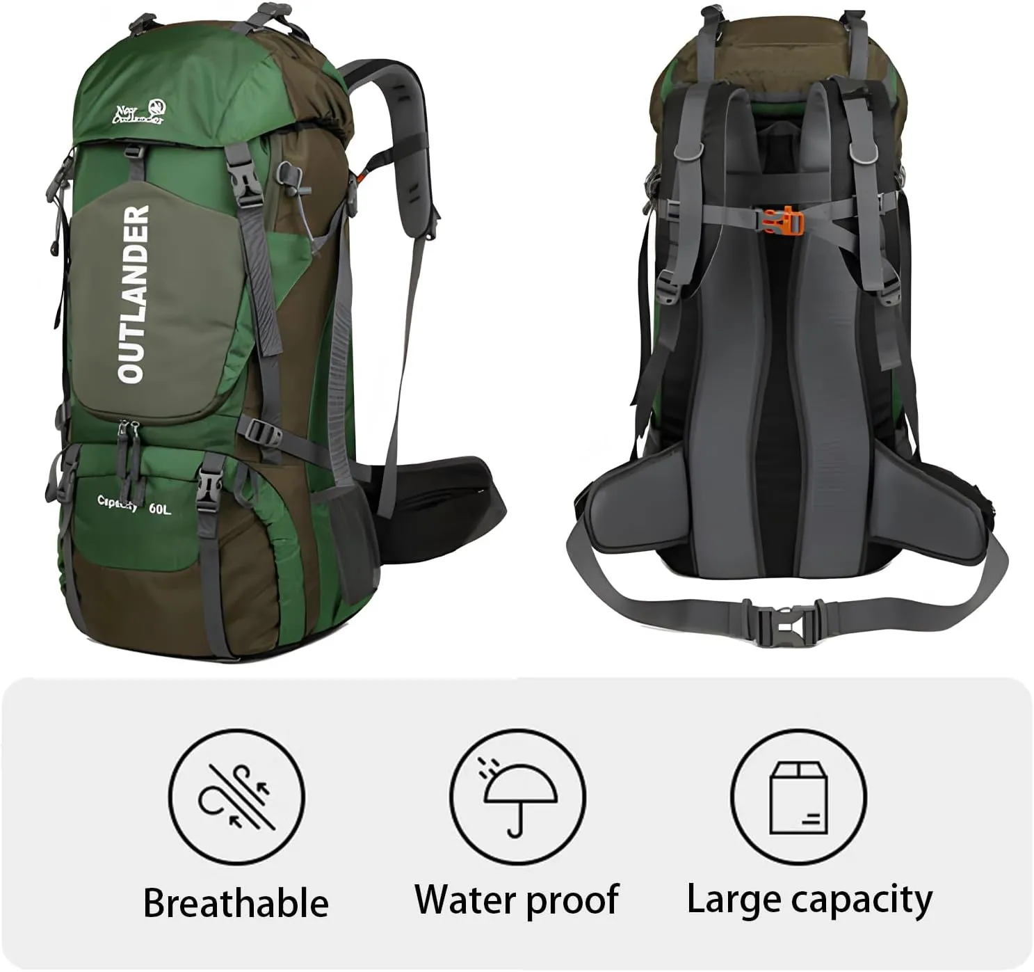 60L Hiking Camping Backpack with Rain Cover, Waterproof Large Capacity Outdoor Sport Travel Daypack Climbing Touring