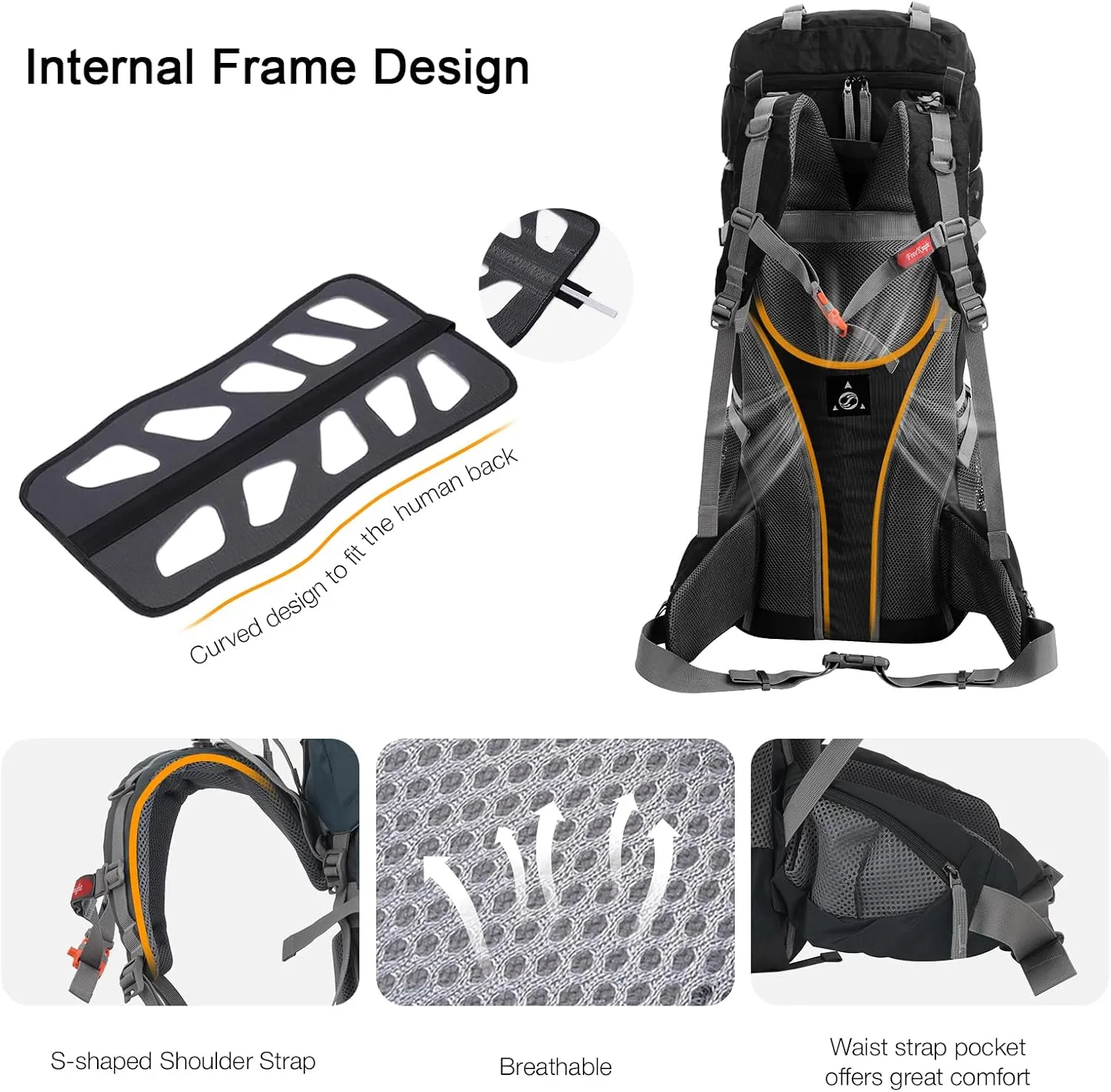 60L Large Hiking Backpack for Men Women, Ultralight Internal Frame Backpack with Rain Cover, Waterproof Camping Backpacking Pack 60 l for 3-5 Days, Black