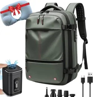 60l Vacuum Backpack Expandable Waterproof Business Air Vacuum Compression Backpack Travel with Pump Lock(Green,with Pump)