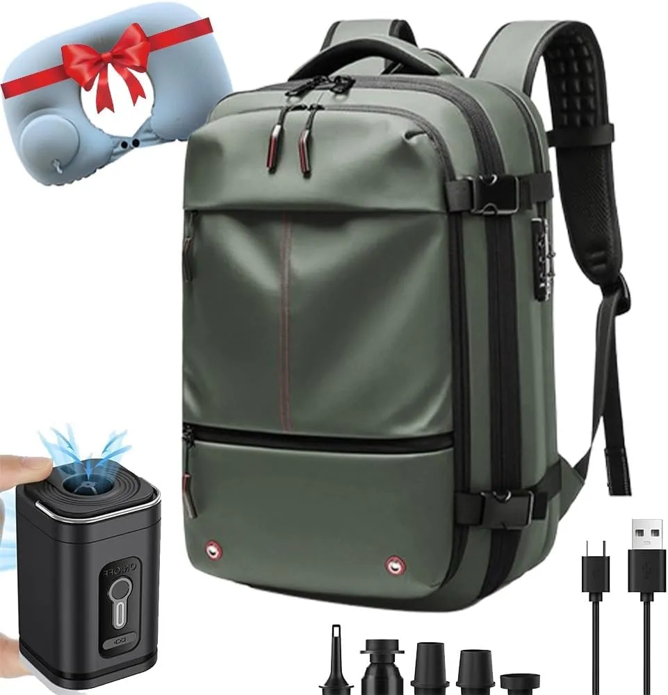 60l Vacuum Backpack Expandable Waterproof Business Air Vacuum Compression Backpack Travel with Pump Lock(Green,with Pump)