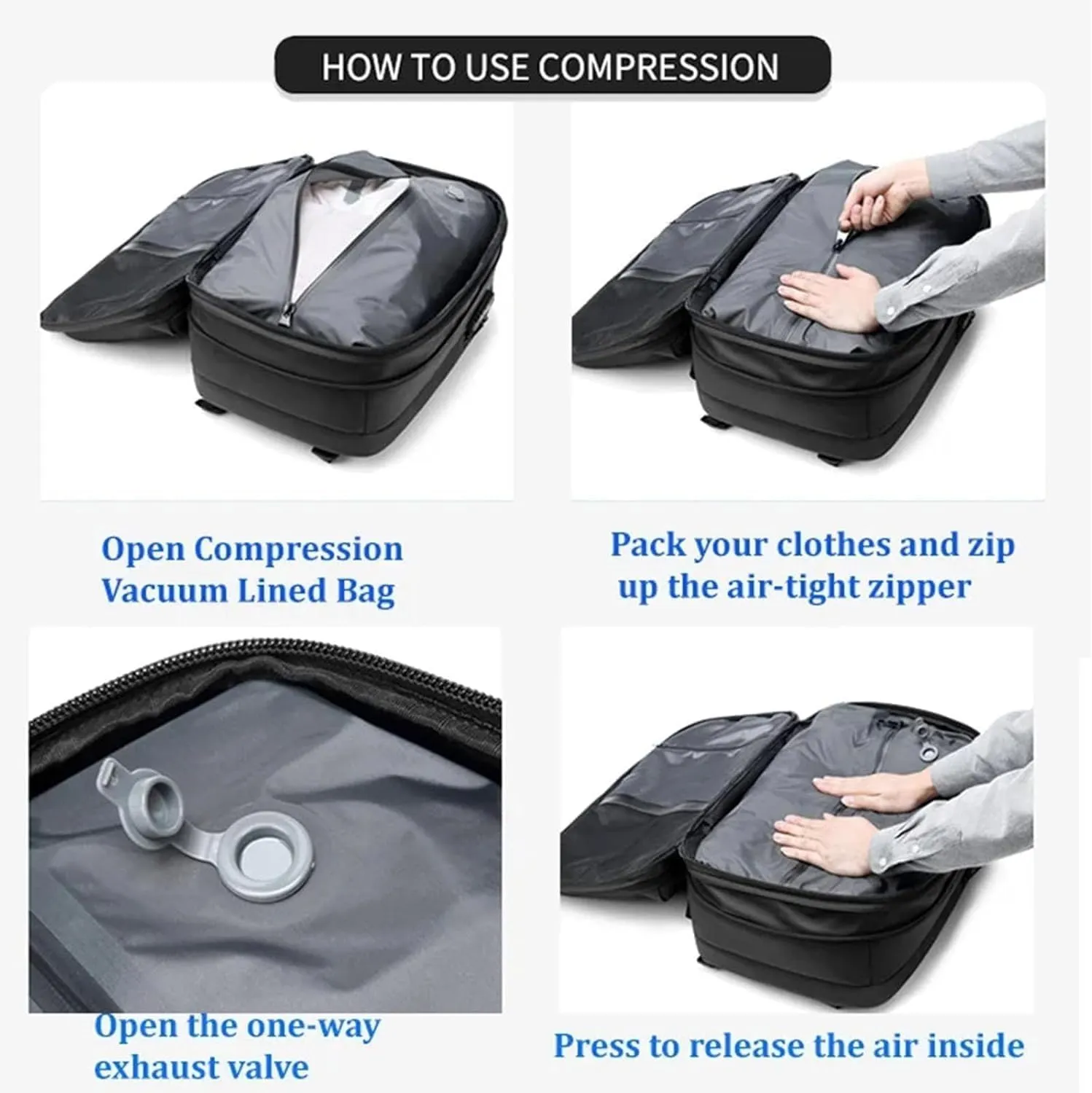 60L Voyage Vac Backpack,Expandable Vacuum Seal Travel Backpack Tsa Lock,Waterproof Anti Theft Vacuum Compression Backpacks (Black-with Air Pump)