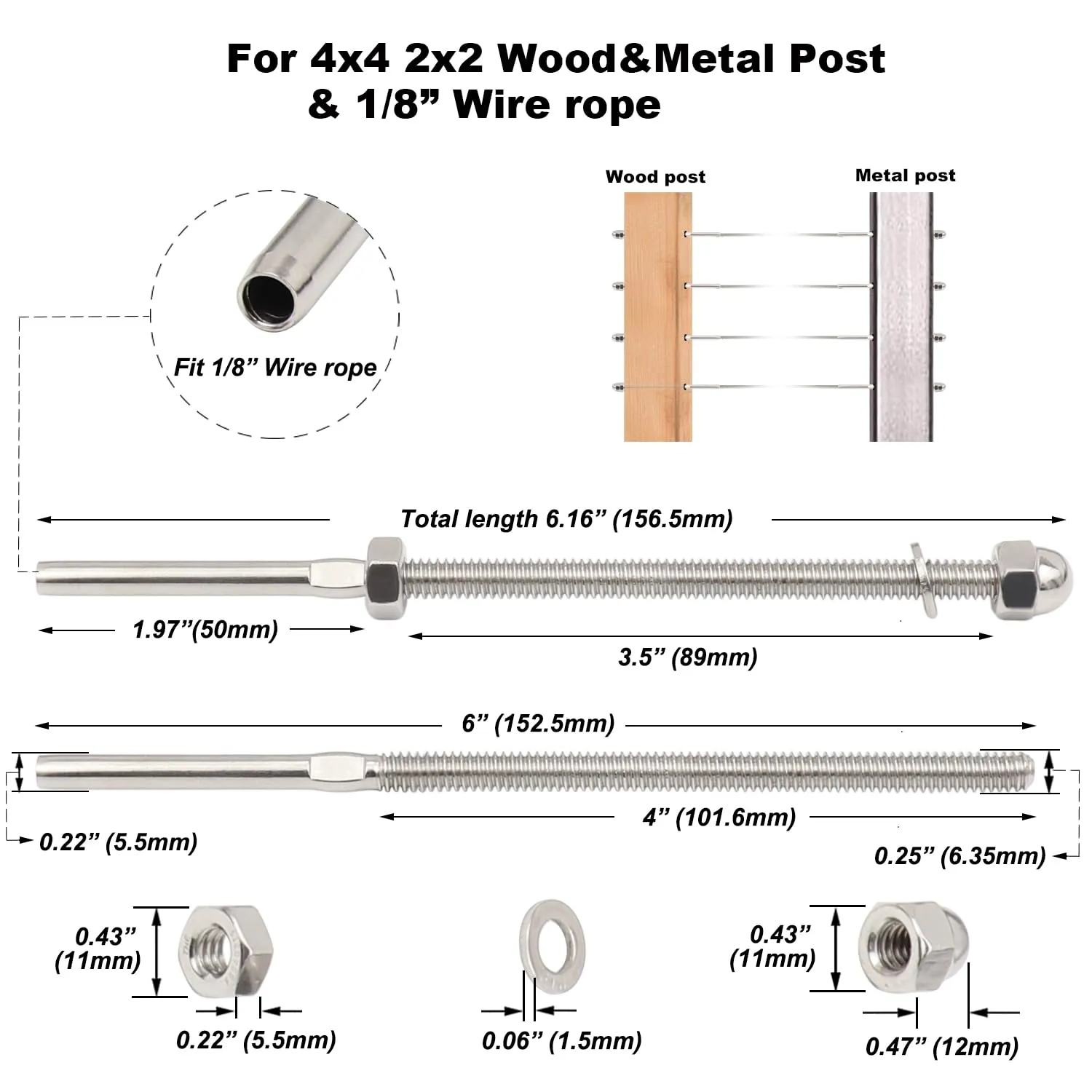 60Pcs 1/8 Cable Railing Hardware System Kit, Swage Threaded Stud Tensioner Length 6" for 4x4 2x2 Wood Metal Post for Stair Deck Railing, End Fitting Terminal T316 Stainless Steel