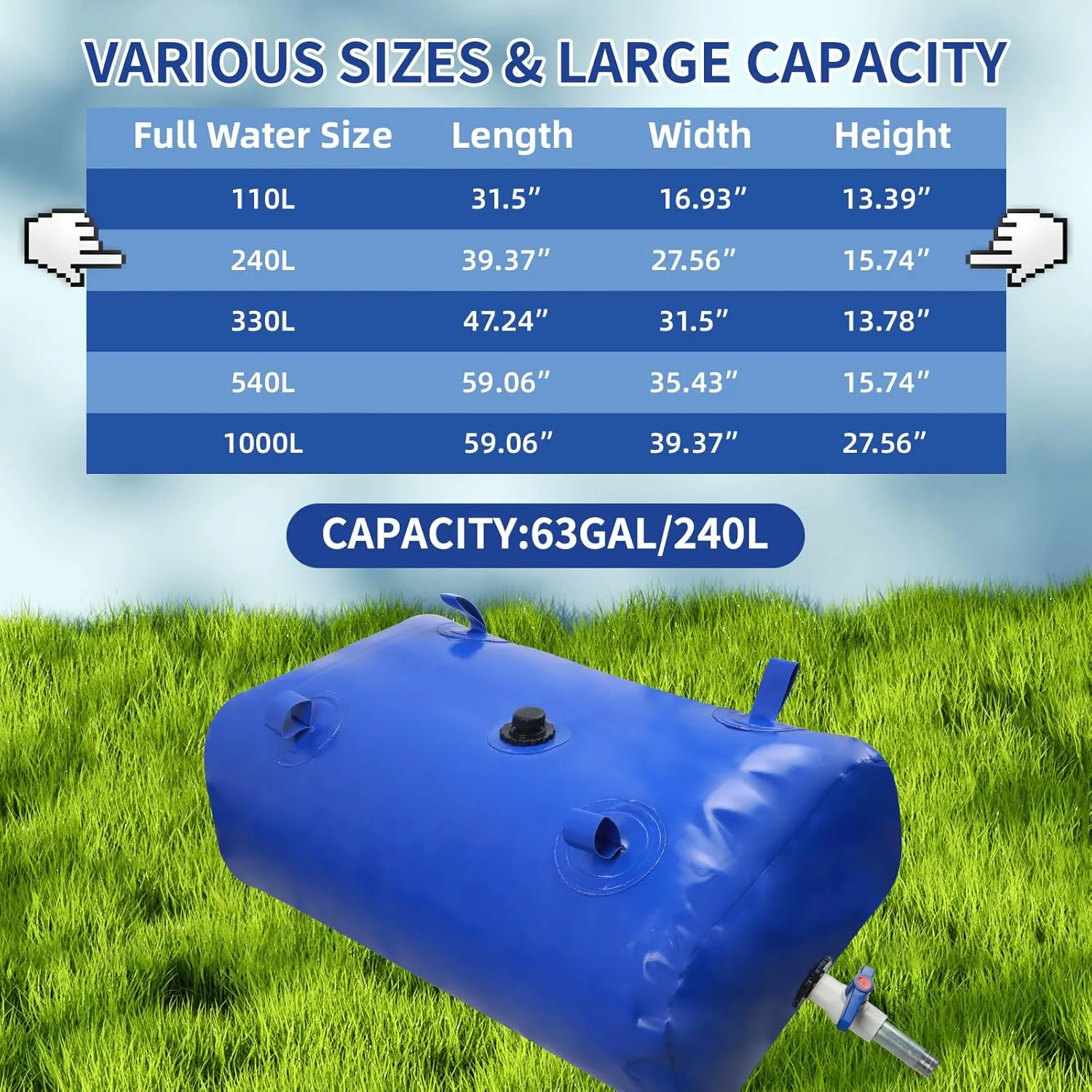 63gal Water Storage Bladder with Valve,Portable Large Capacity Water Tank,Collapsible Rain Barrel & Water Storage Container,for Camping,Fire Protection, Agricultural Irrigation & Emergency Water(240L)