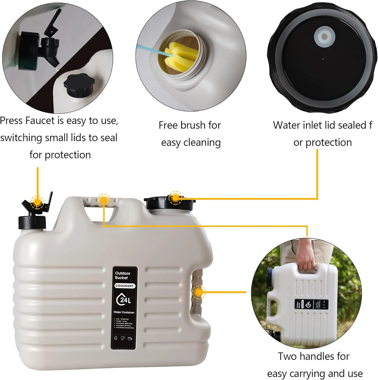 6.4 Gallon(24L) Portable Water Containers with Spigot, BPA Free Water Jug, Beige Water Tank, Multifunction Water Storage Containers for Camping Outdoor Hiking,Emergency Stroage