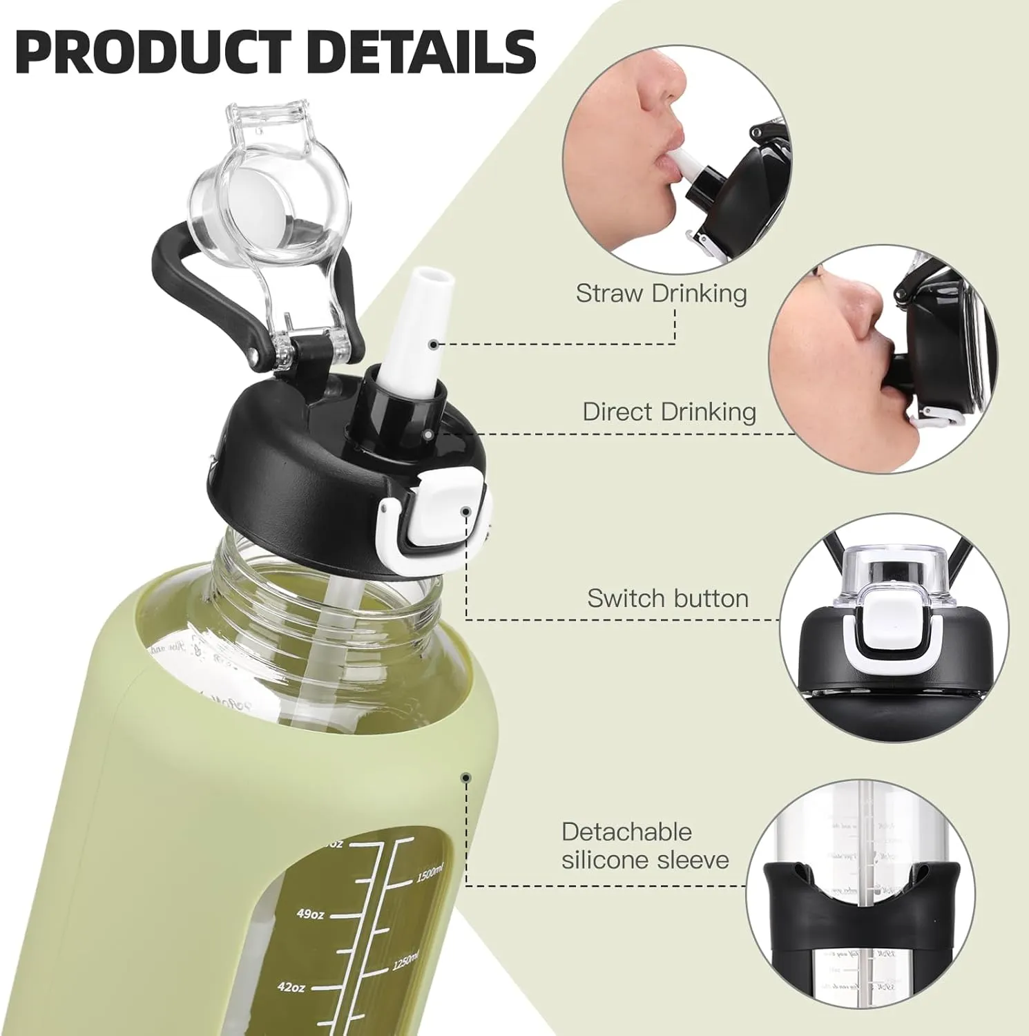 64 oz Glass Water Bolttles with Straw Half Gallon Large Motivational Water Bottle with Time Marker Sports Water Bottles with Silicone Sleeve and Handle Lid Water Jug for Gym Workout