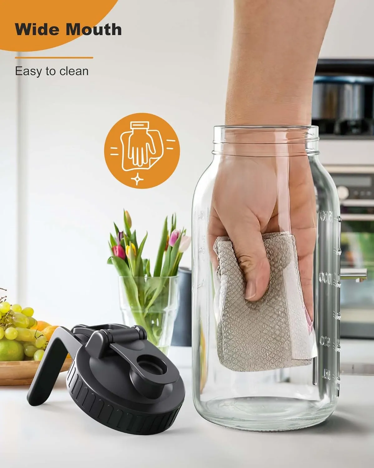 64 oz Mason Jar Pour Spout, 2 Quart Glass Water Pitcher with Lid, Airtight Seal for Great for Iced Tea,Juice,Milk,Coffee,Sun Lemonade, Set of 1(Black)