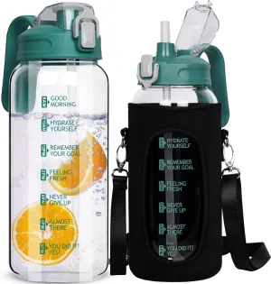 64 oz Motivational Glass Water Bottle with Straw & Time Marker Half Gallon Large Reusable Water Jug BPA-free Borosilicate Drinking Bottle with Flip Top & Sleeve for Infused Water Wide Mouth