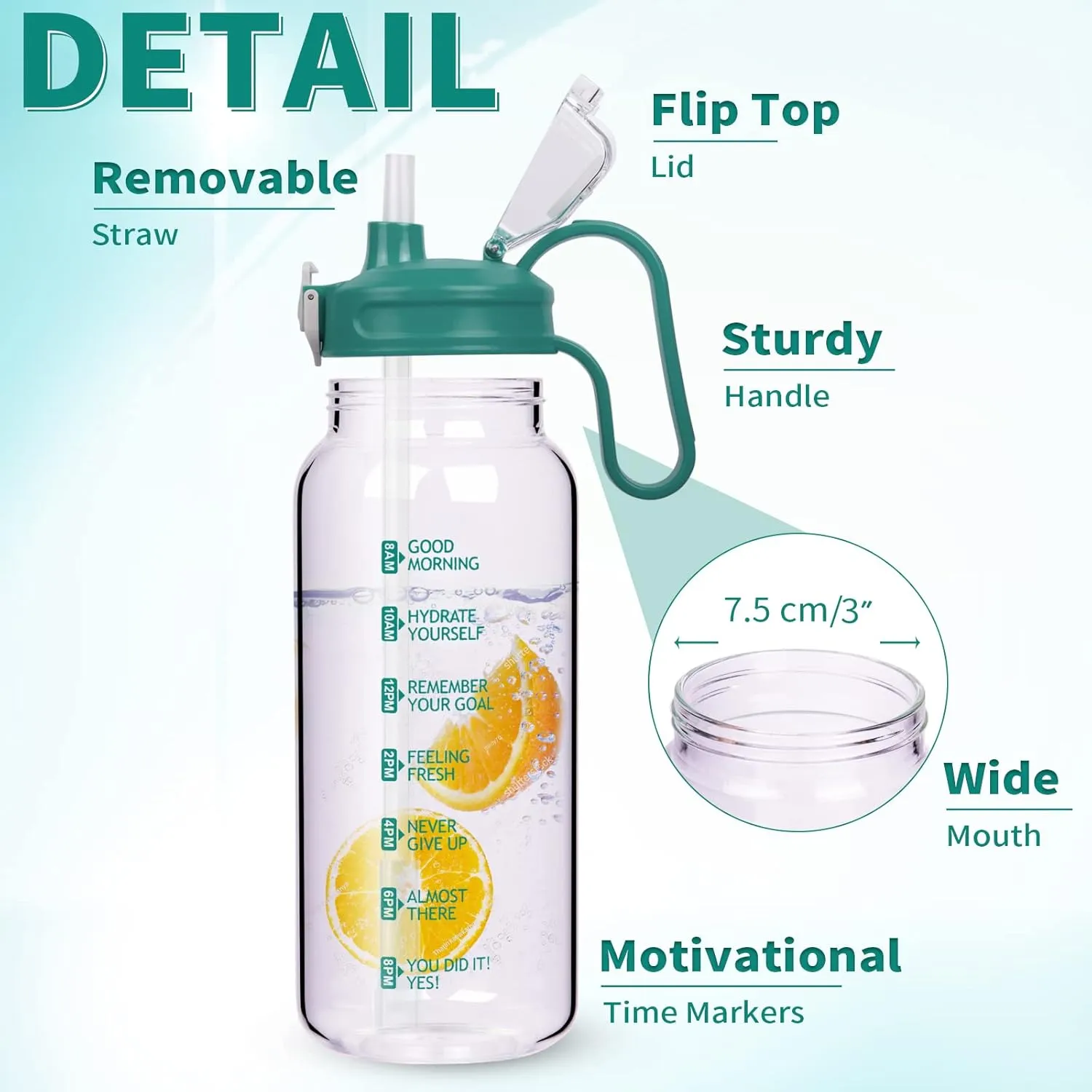 64 oz Motivational Glass Water Bottle with Straw & Time Marker Half Gallon Large Reusable Water Jug BPA-free Borosilicate Drinking Bottle with Flip Top & Sleeve for Infused Water Wide Mouth