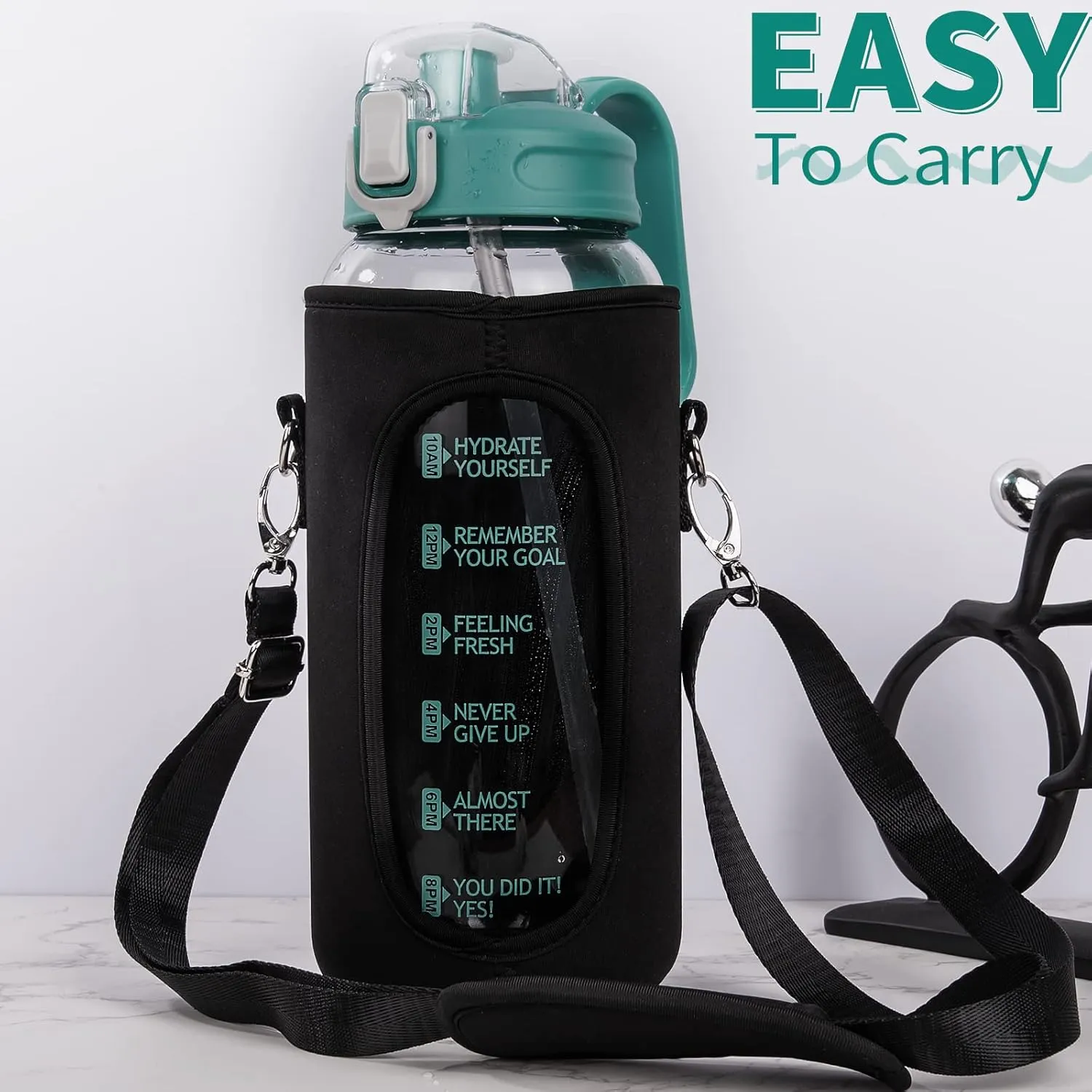 64 oz Motivational Glass Water Bottle with Straw & Time Marker Half Gallon Large Reusable Water Jug BPA-free Borosilicate Drinking Bottle with Flip Top & Sleeve for Infused Water Wide Mouth