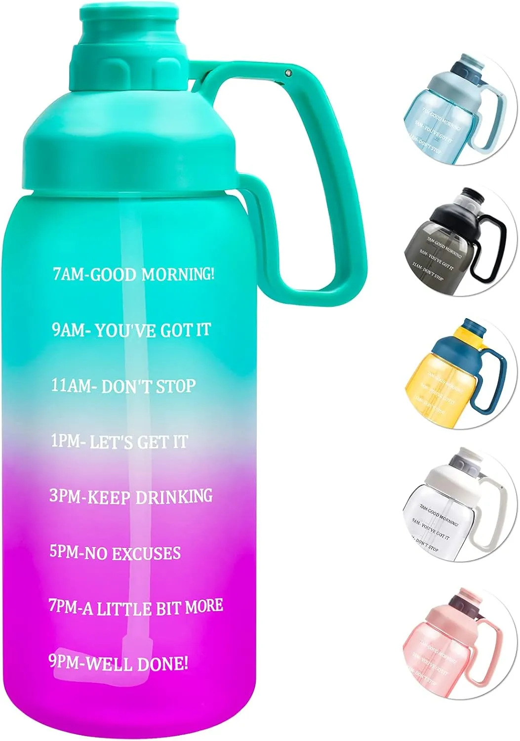 64 OZ Water Bottle with Straw, Motivational Water Bottle with Time Marker Clear Large Water Bottle with Handle, 2L Sports Water Bottle BPA Free Wide Mouth Water Jugs for Gym (teal & purple gradient)