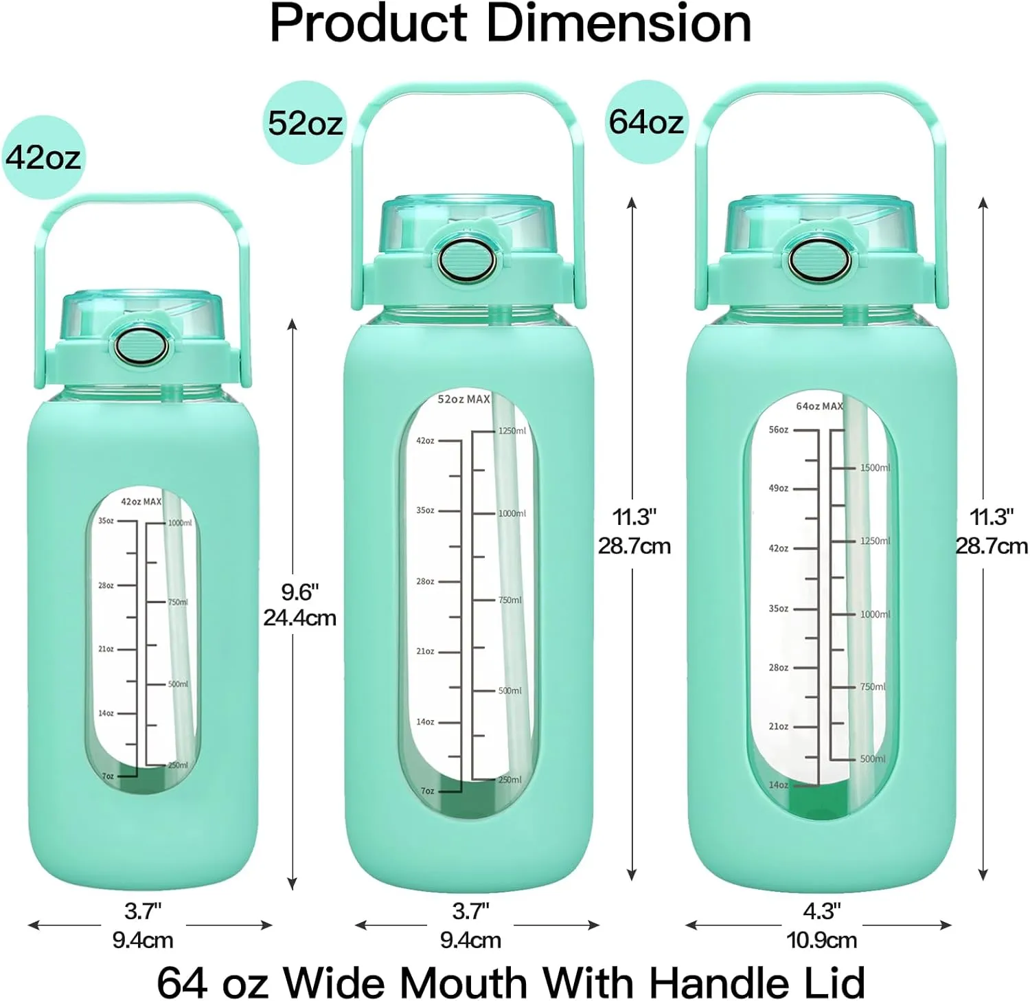 64oz Glass Water Bolttles with Straw Half Gallon Large Motivational Water Bottle with Time Marker Sports Water Bottles with Silicone Sleeve and Handle Lid Water Jug for Gym Workout