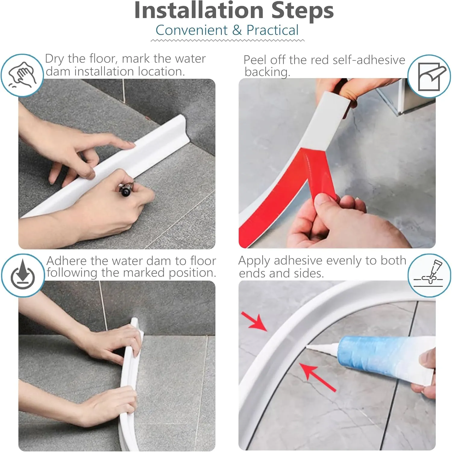 67 Inch Collapsible Shower Threshold Water Dam Shower Water Stopper Barrier and Retention System Keep Water Inside Threshold Dry and Wet Separation for Bathroom Kitchen
