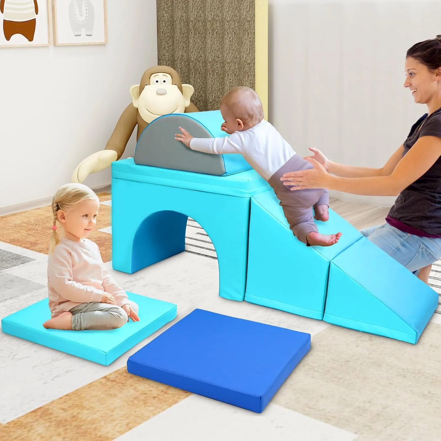 67i Soft Play Climbing Blocks for Toddlers Foldable Foam Triangle Block 1-3 Year Olds (Mint Green)