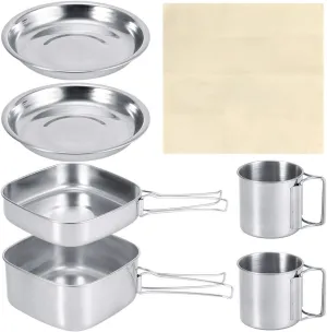 6pcs Stainless Steel Camping Cookware Set, Portable Reusable Camping Pans for Cooking Backpacking Pot Camp Mess Kit for Family Hiking, Picnic