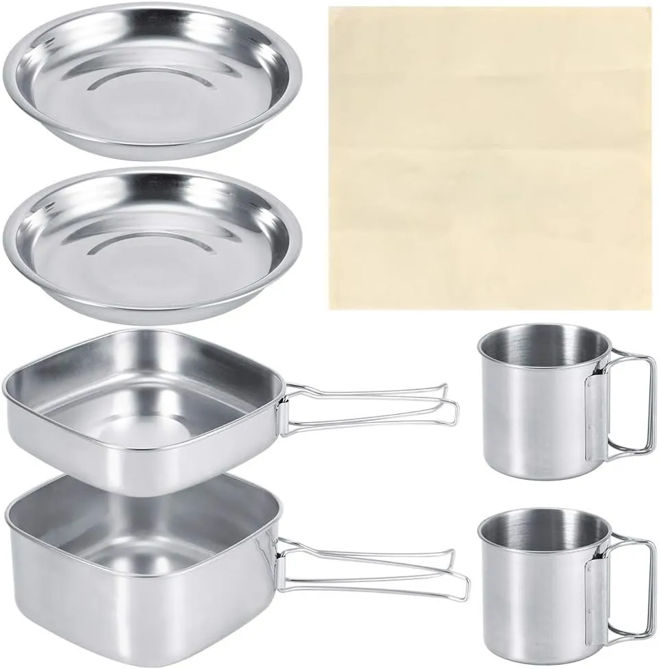6pcs Stainless Steel Camping Cookware Set, Portable Reusable Camping Pans for Cooking Backpacking Pot Camp Mess Kit for Family Hiking, Picnic