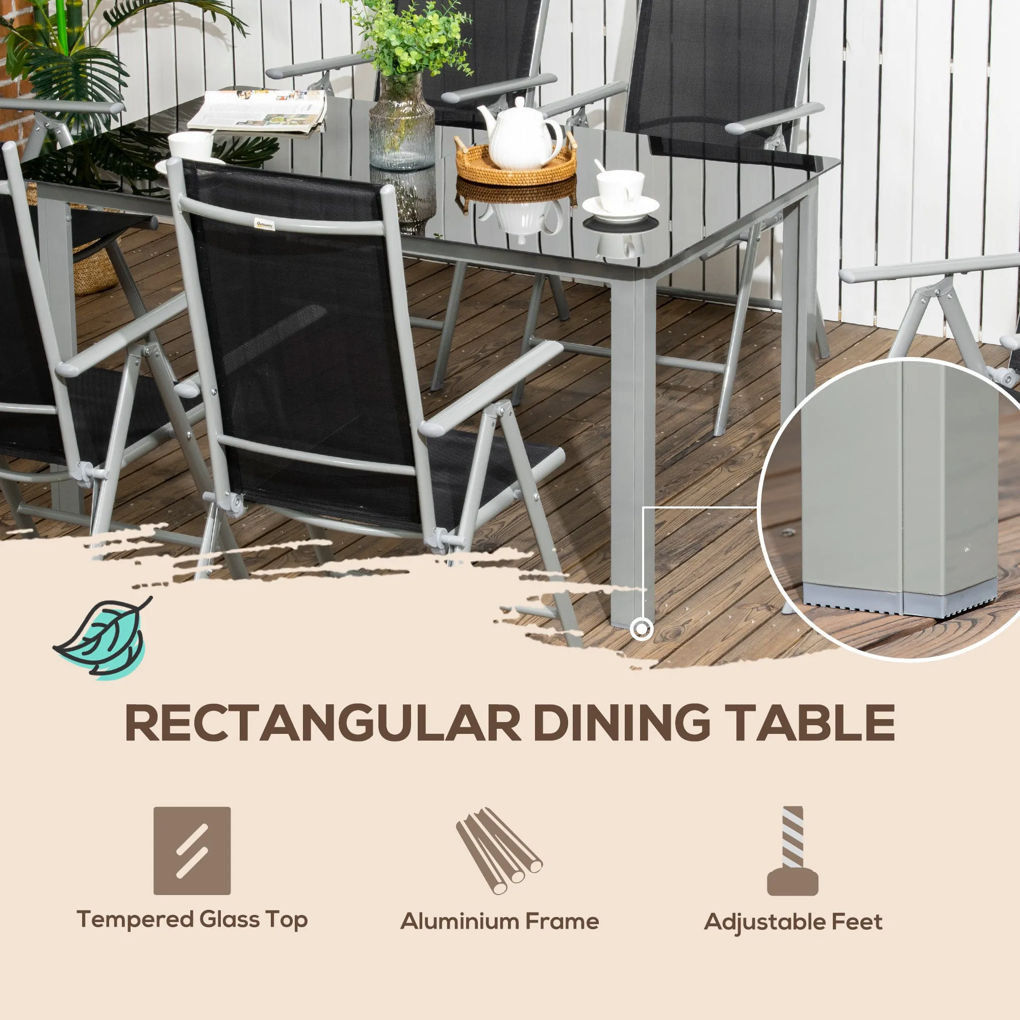 7 Piece Garden Dining Set, Outdoor Table and 6 Folding and Reclining Chairs, Aluminium Frame, Tempered Glass Top Table, Texteline Seats, Black