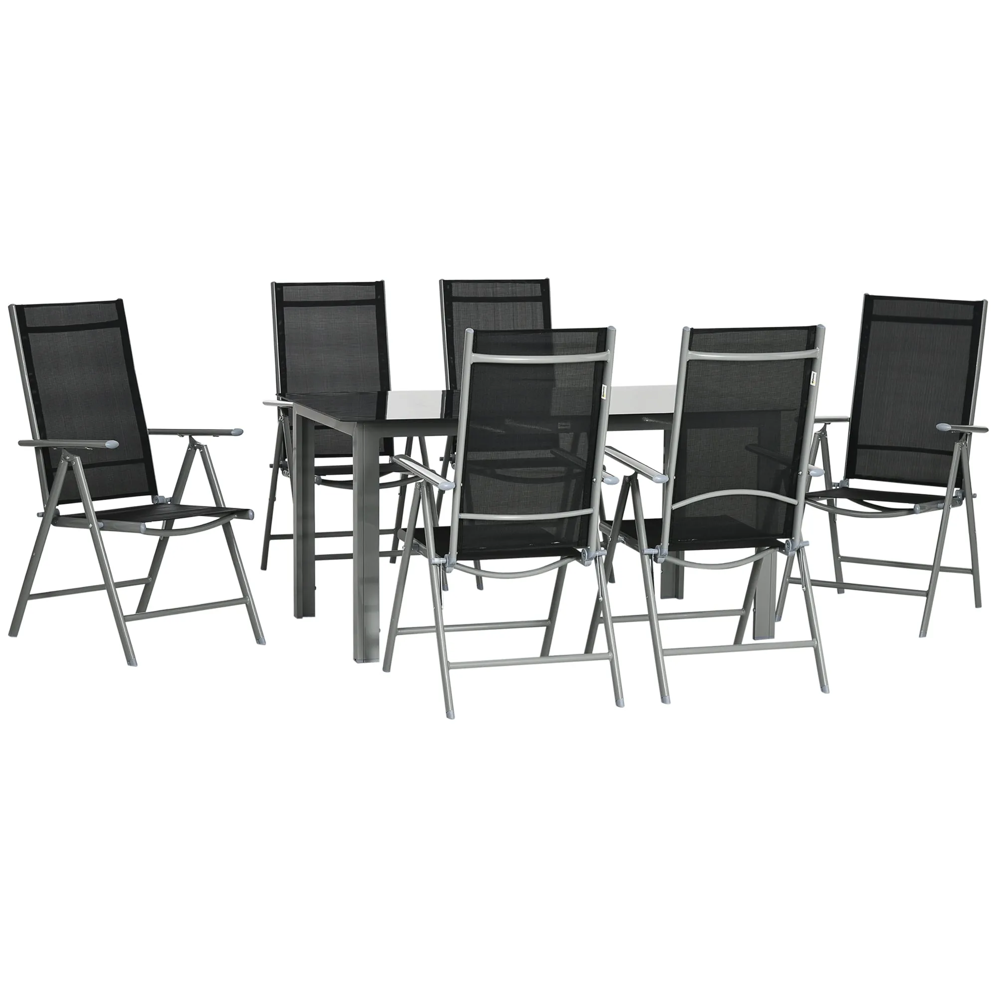 7 Piece Garden Dining Set, Outdoor Table and 6 Folding and Reclining Chairs, Aluminium Frame, Tempered Glass Top Table, Texteline Seats, Black