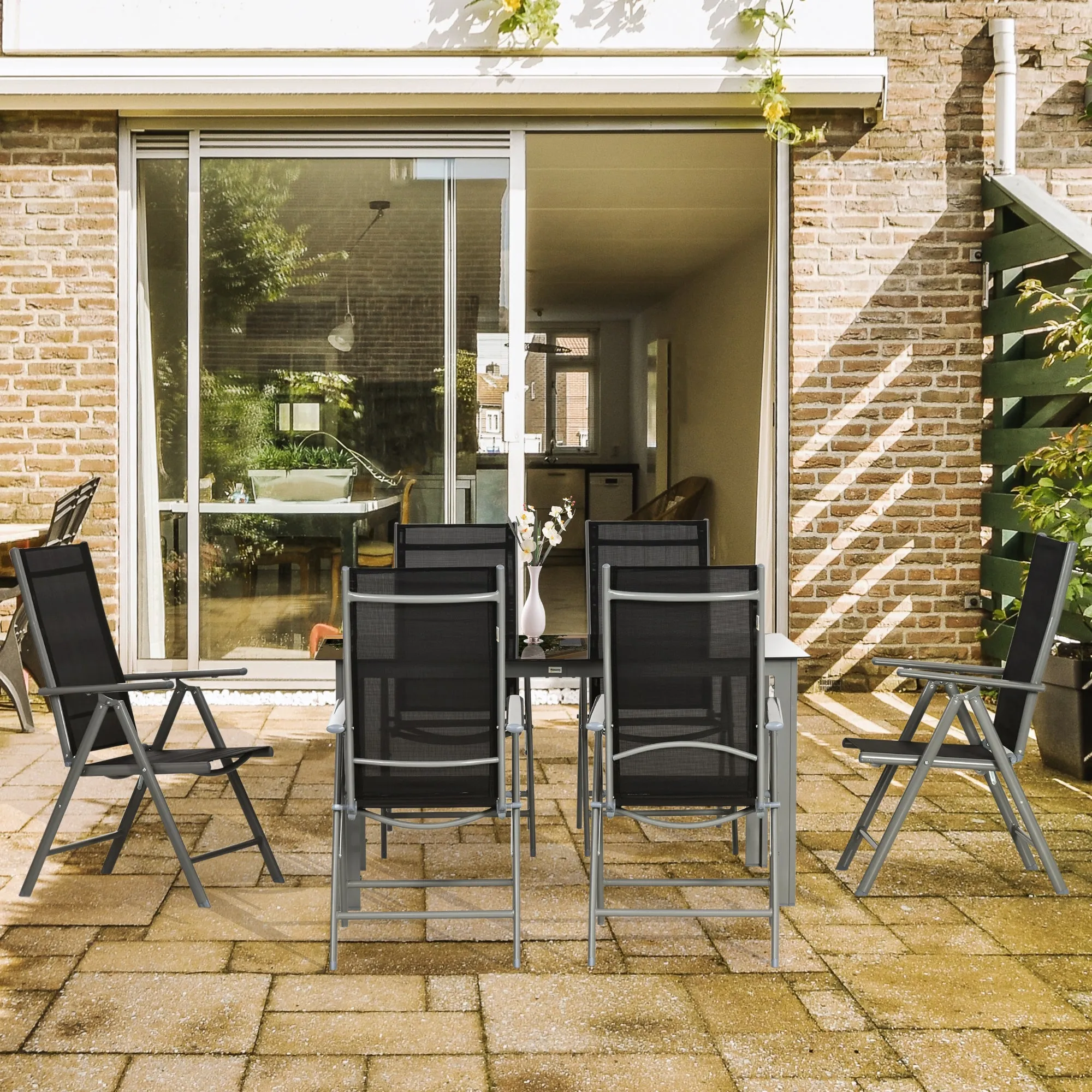 7 Piece Garden Dining Set, Outdoor Table and 6 Folding and Reclining Chairs, Aluminium Frame, Tempered Glass Top Table, Texteline Seats, Black
