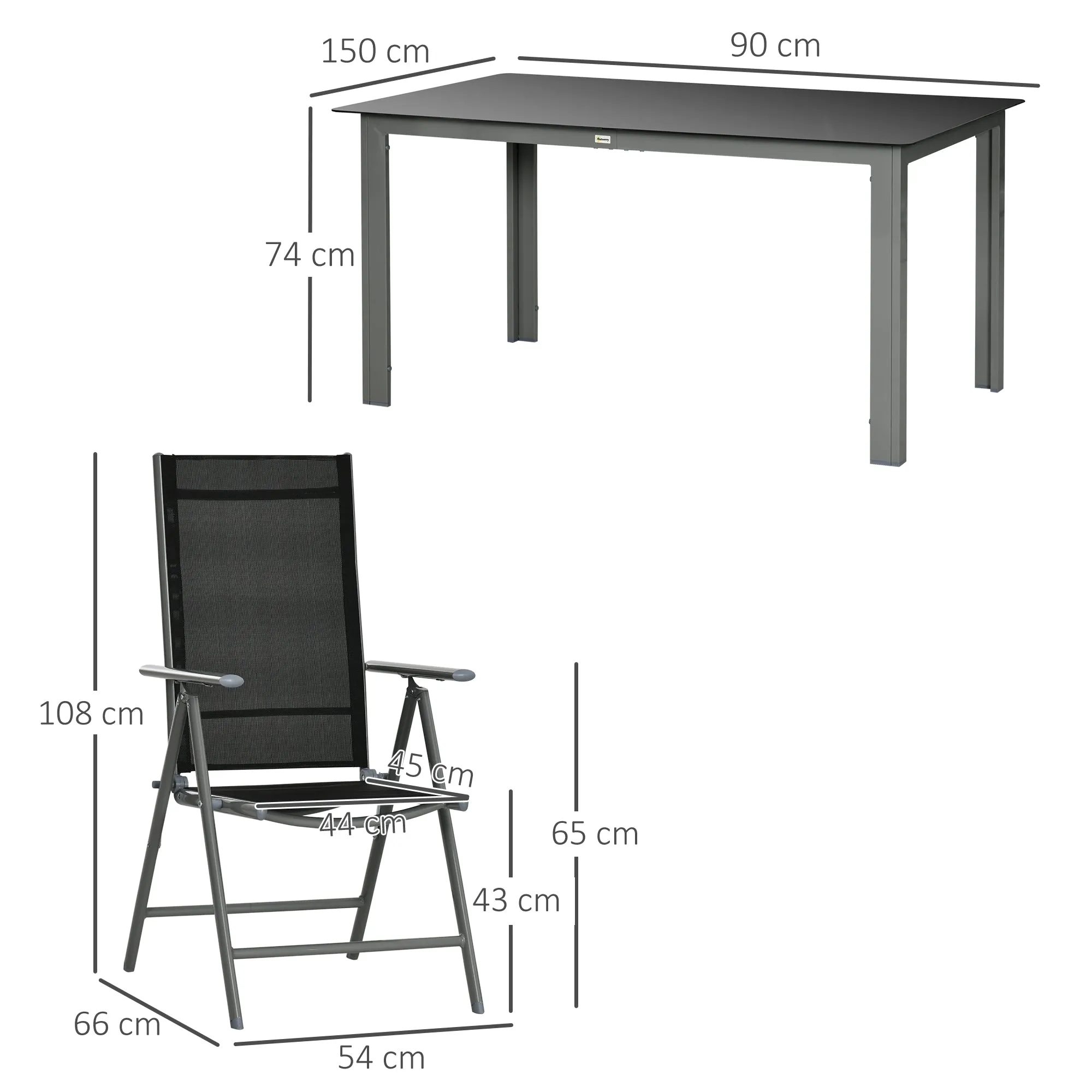 7 Piece Garden Dining Set, Outdoor Table and 6 Folding and Reclining Chairs, Aluminium Frame, Tempered Glass Top Table, Texteline Seats, Black