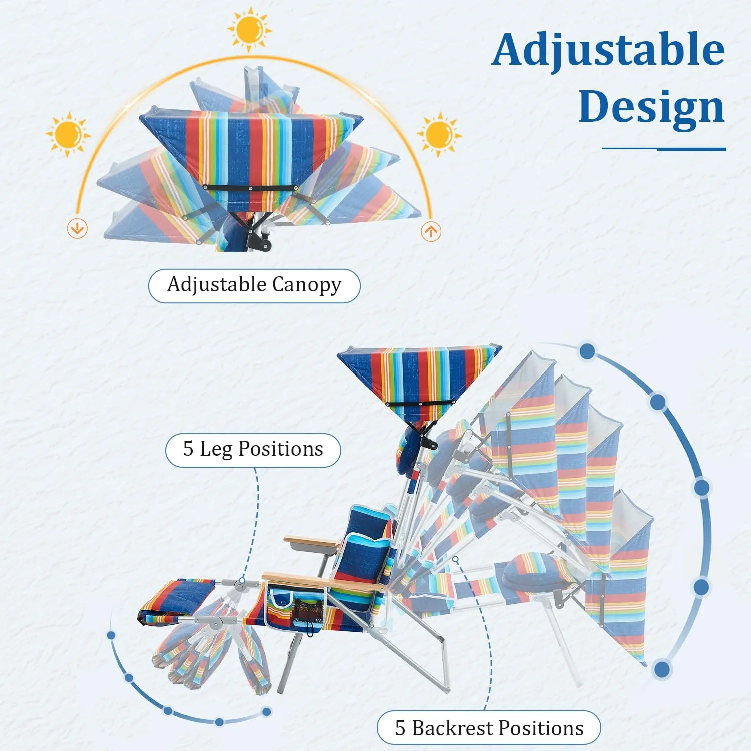 70'' Extra Long Beach Lounge Chair, Tanning Chair with Canopy & Face Holes & Arm Holes & Storage Pocket, Adjustable Foldable Recliner with Carry Strap (1, Rainbow)
