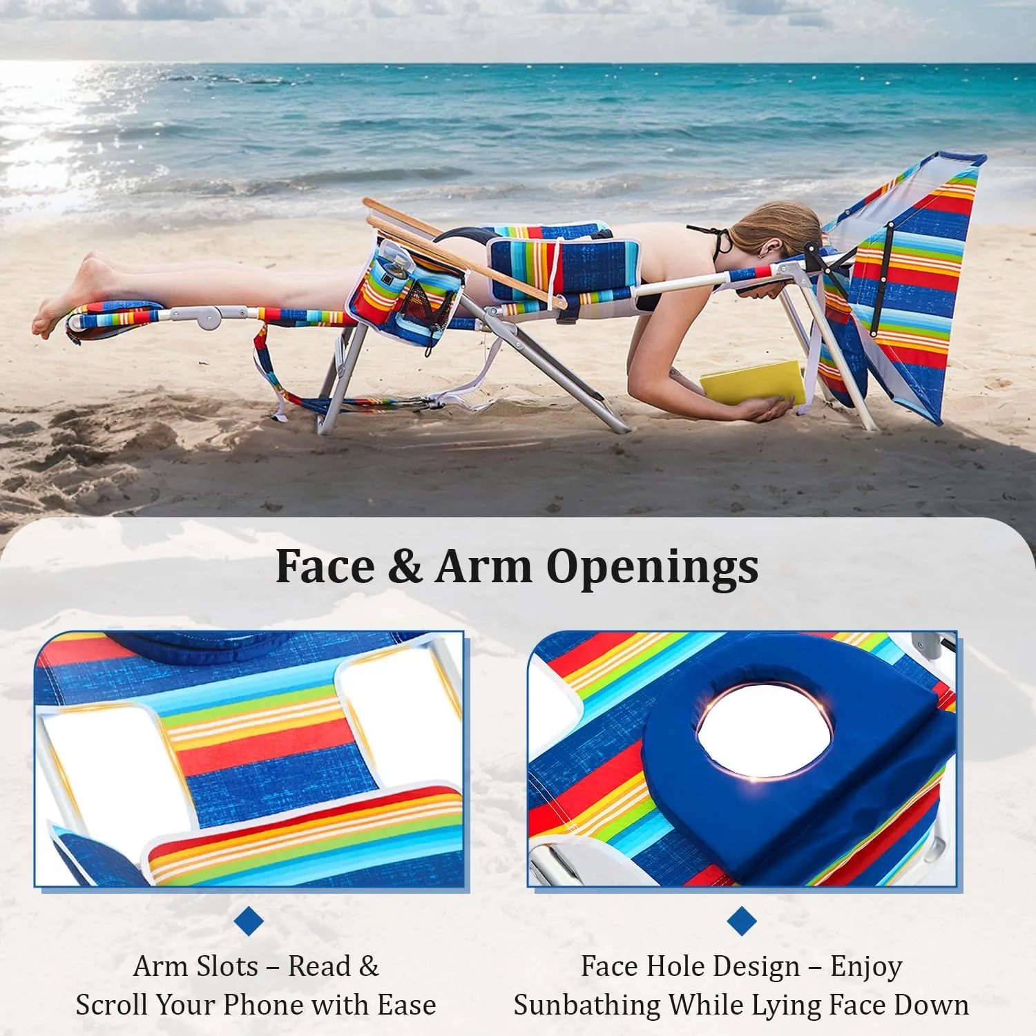 70'' Extra Long Beach Lounge Chair, Tanning Chair with Canopy & Face Holes & Arm Holes & Storage Pocket, Adjustable Foldable Recliner with Carry Strap (1, Rainbow)