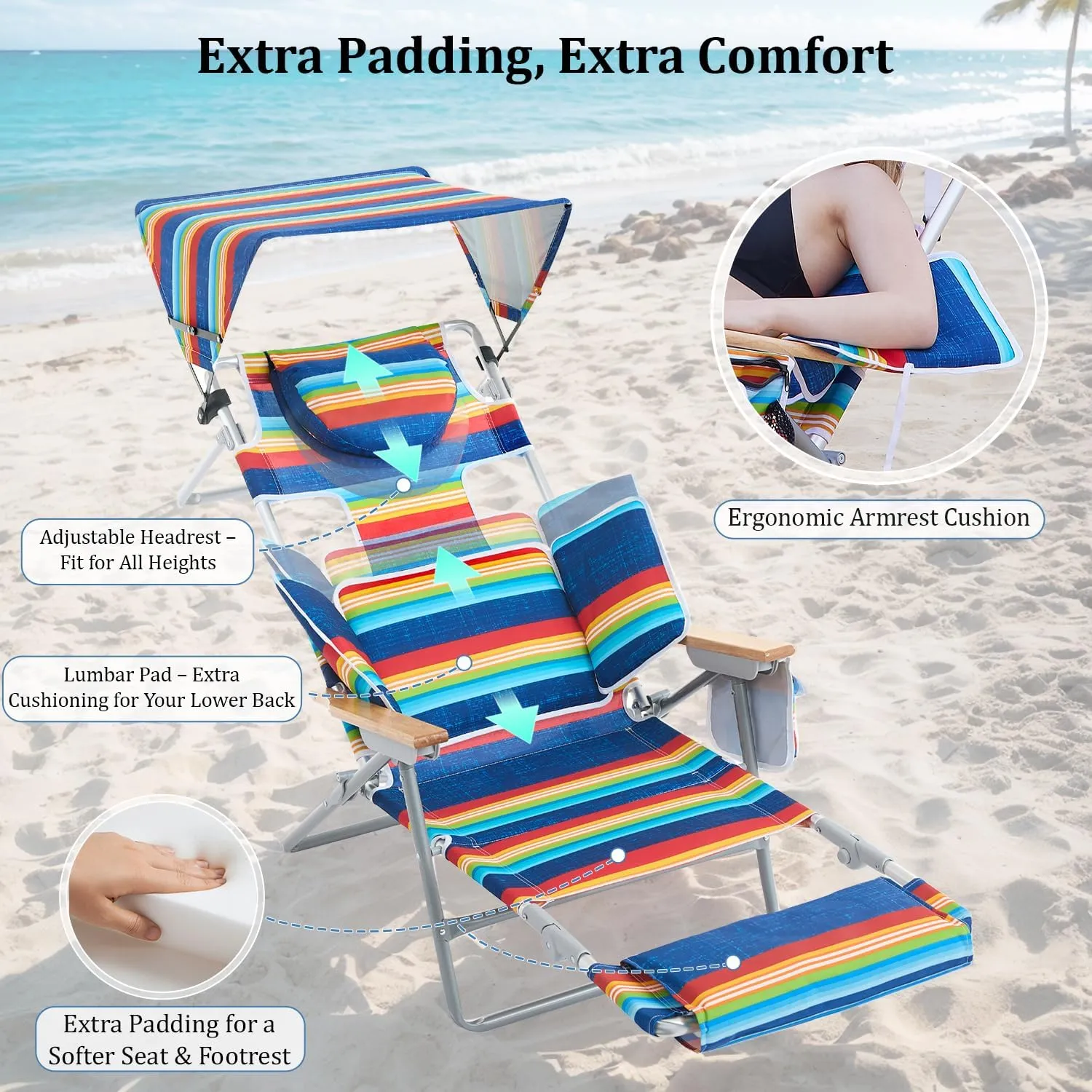 70'' Extra Long Beach Lounge Chair, Tanning Chair with Canopy & Face Holes & Arm Holes & Storage Pocket, Adjustable Foldable Recliner with Carry Strap (1, Rainbow)