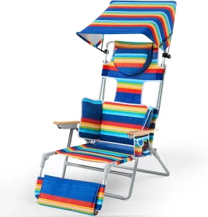 70'' Extra Long Beach Lounge Chair, Tanning Chair with Canopy & Face Holes & Arm Holes & Storage Pocket, Adjustable Foldable Recliner with Carry Strap (1, Rainbow)
