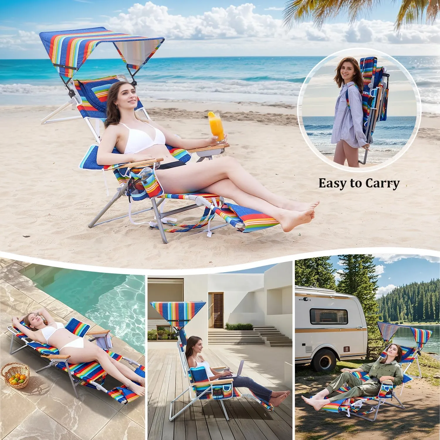 70'' Extra Long Beach Lounge Chair, Tanning Chair with Canopy & Face Holes & Arm Holes & Storage Pocket, Adjustable Foldable Recliner with Carry Strap (1, Rainbow)