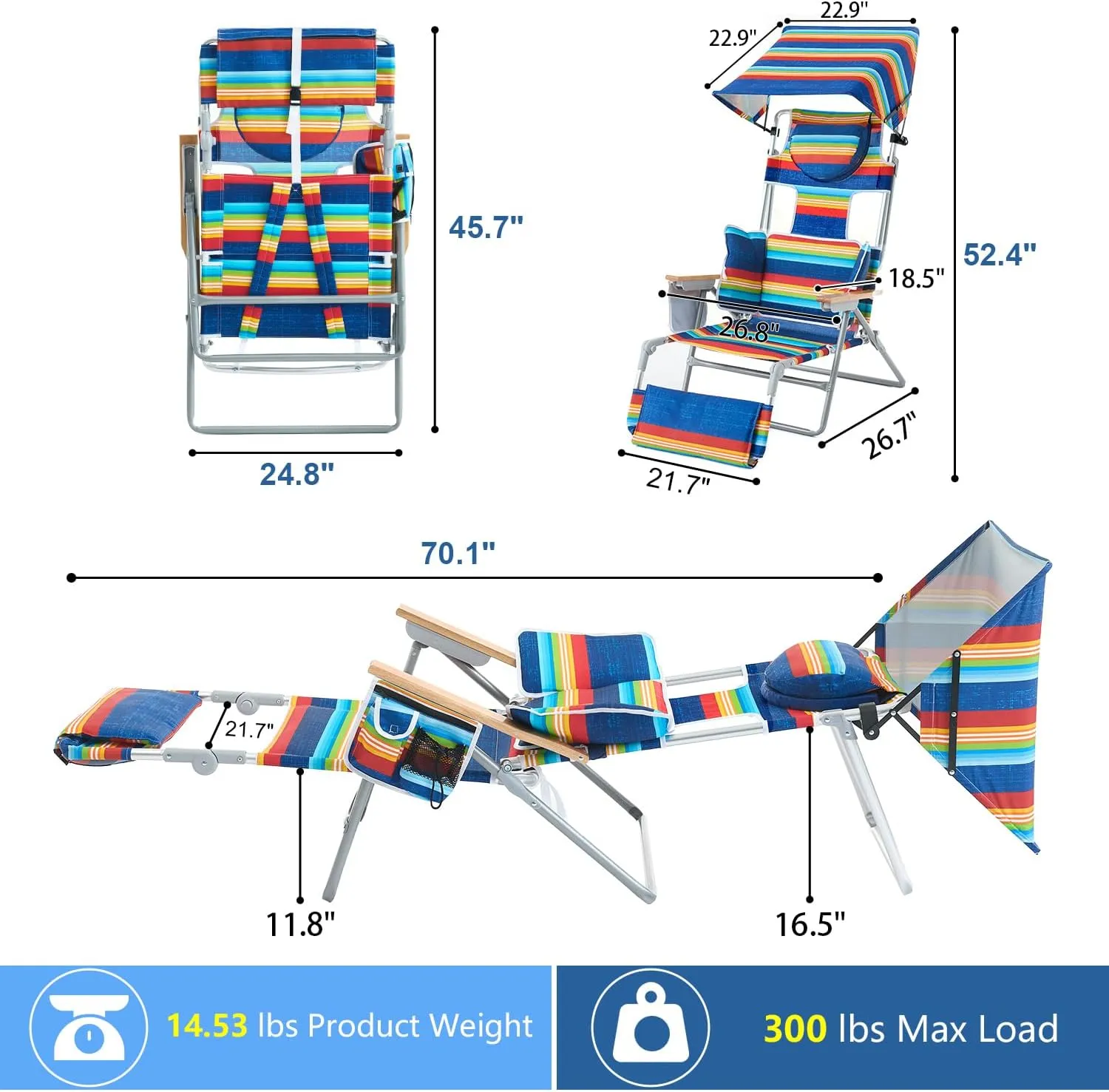 70'' Extra Long Beach Lounge Chair, Tanning Chair with Canopy & Face Holes & Arm Holes & Storage Pocket, Adjustable Foldable Recliner with Carry Strap (1, Rainbow)