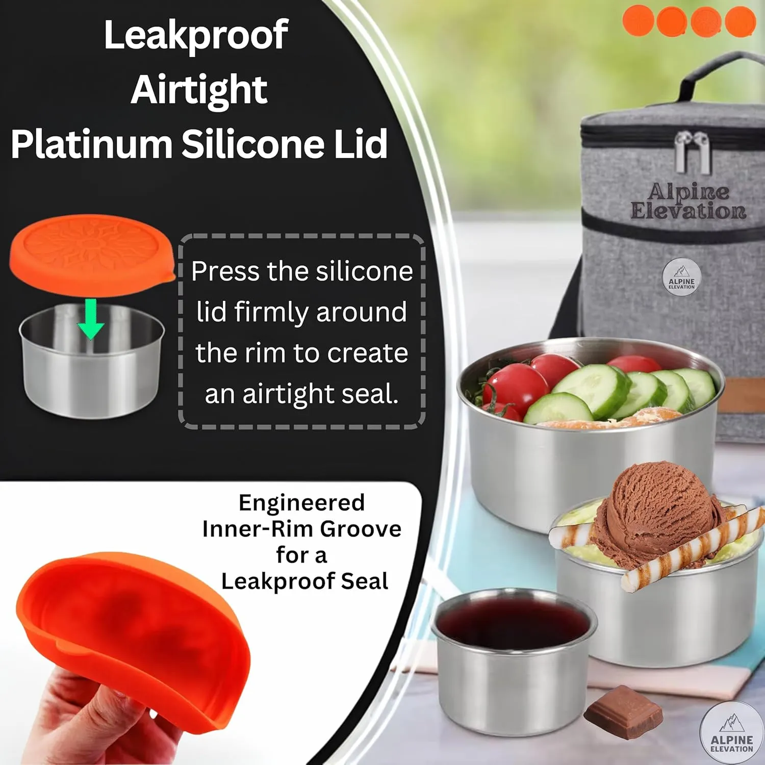 8 Pcs - 4 Stainless Steel Containers   4 Silicone Lids | Leakproof Nesting Food Storage & Snack Containers | Reusable Meal Kit | Nesting Meal Holders