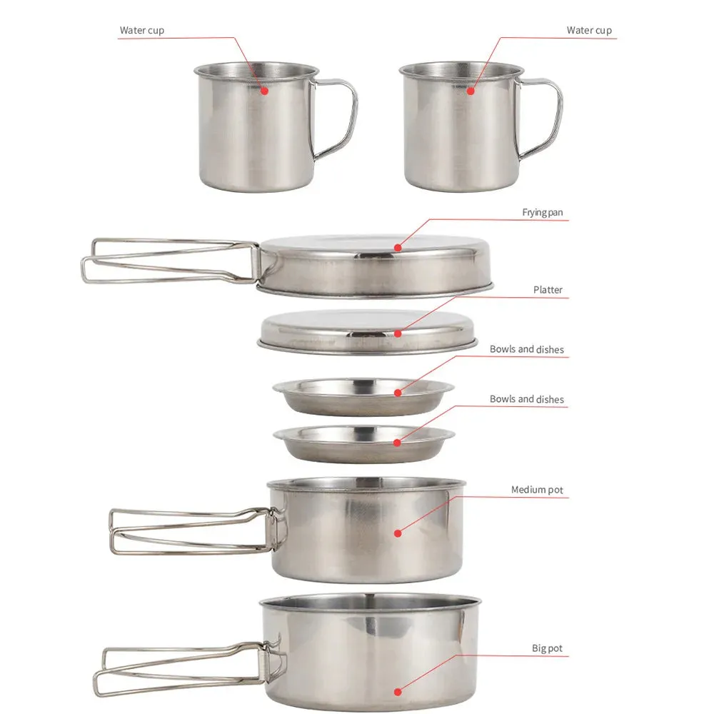 8 Pcs Camping Cookware Set - Portable Kitchen Picnic Tableware for Outdoor Cooking
