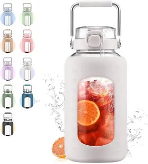 84oz Glass Water Bottle with Stainless Steel Handle,2.5L Gallon Water Bottle with 2-IN-1 Straw Lid, Silicone Sleeve and Motivational Capacity Marker, Wide Mouth Water Jug For Gym, Workout, White