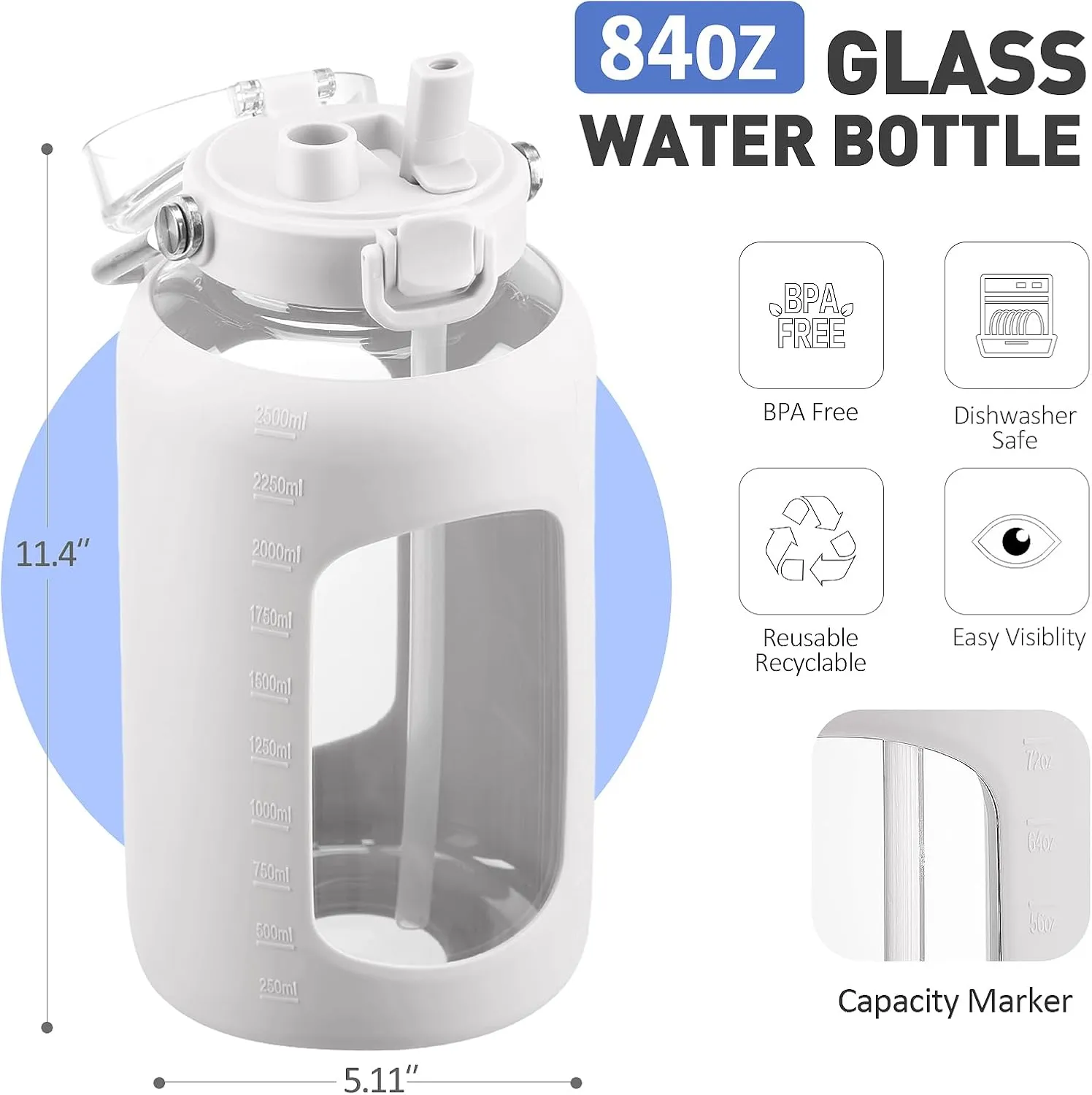 84oz Glass Water Bottle with Stainless Steel Handle,2.5L Gallon Water Bottle with 2-IN-1 Straw Lid, Silicone Sleeve and Motivational Capacity Marker, Wide Mouth Water Jug For Gym, Workout, White