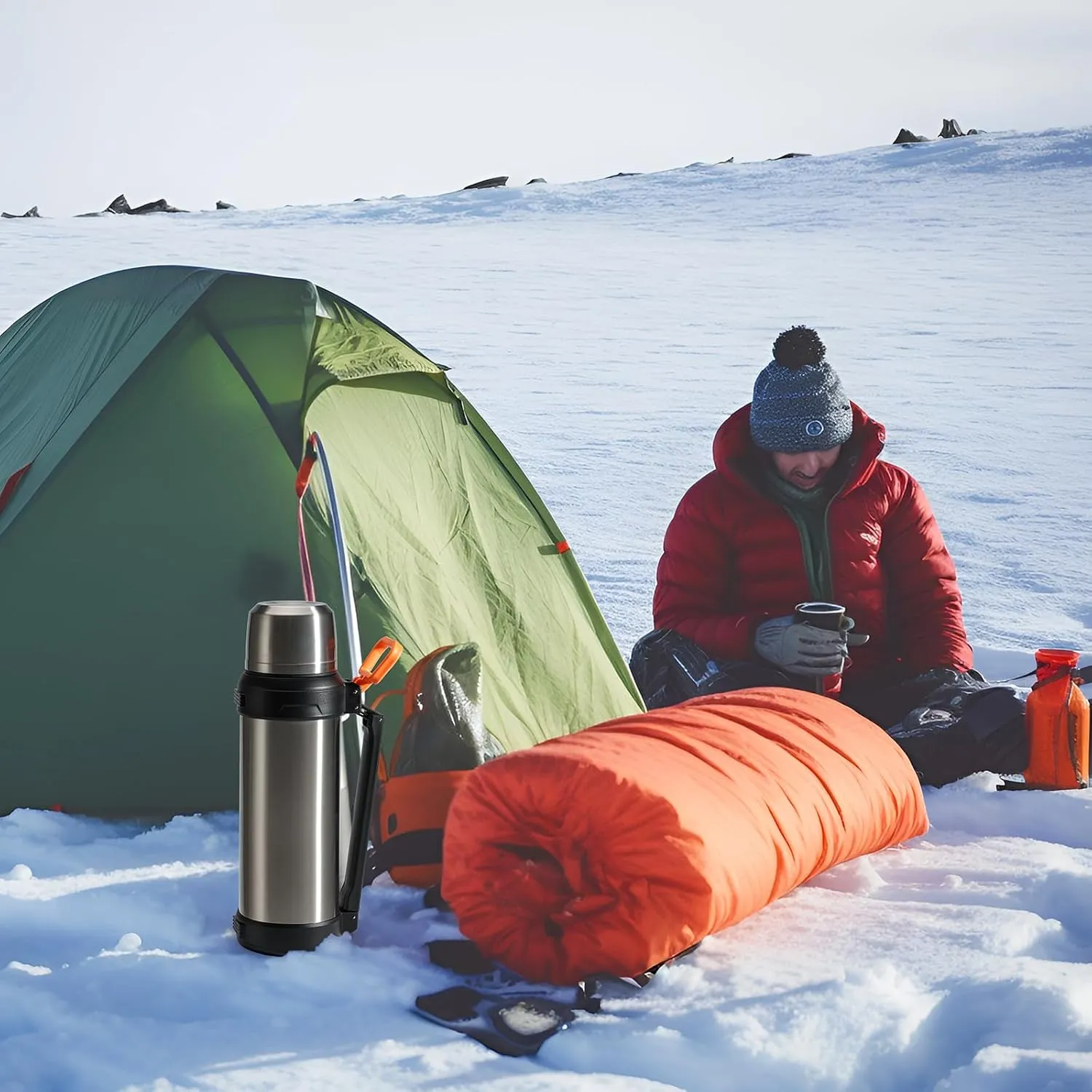 88oz Large Coffee Thermo for Travel, 2500ml Insulated Stainless Steel Water Bottle with Cup and Handle, Water Jug for 24hr Hot and Cold drinks, Vacuum Flask for Camping, Fishing & Working, Silver