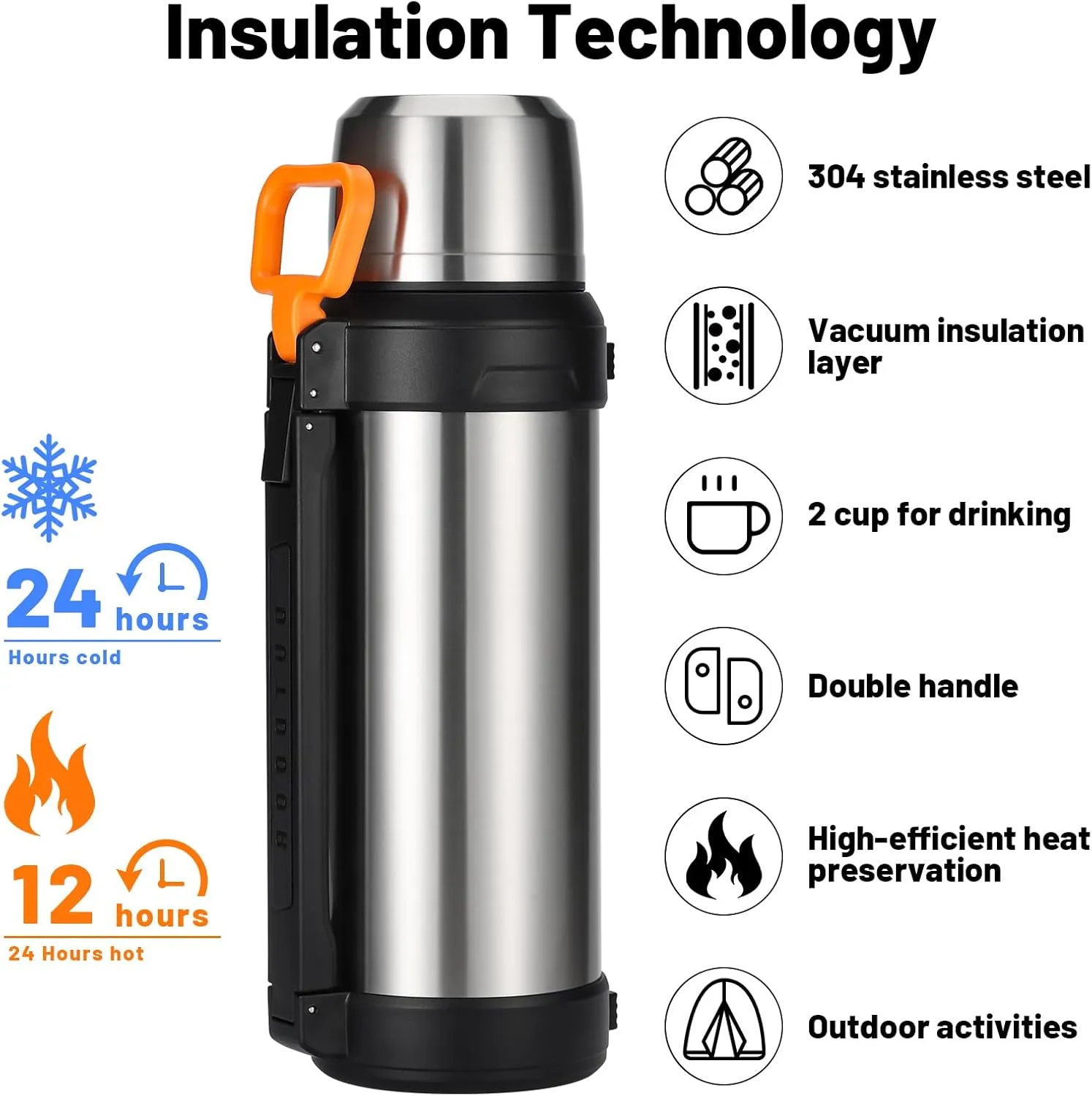 88oz Large Coffee Thermo for Travel, 2500ml Insulated Stainless Steel Water Bottle with Cup and Handle, Water Jug for 24hr Hot and Cold drinks, Vacuum Flask for Camping, Fishing & Working, Silver