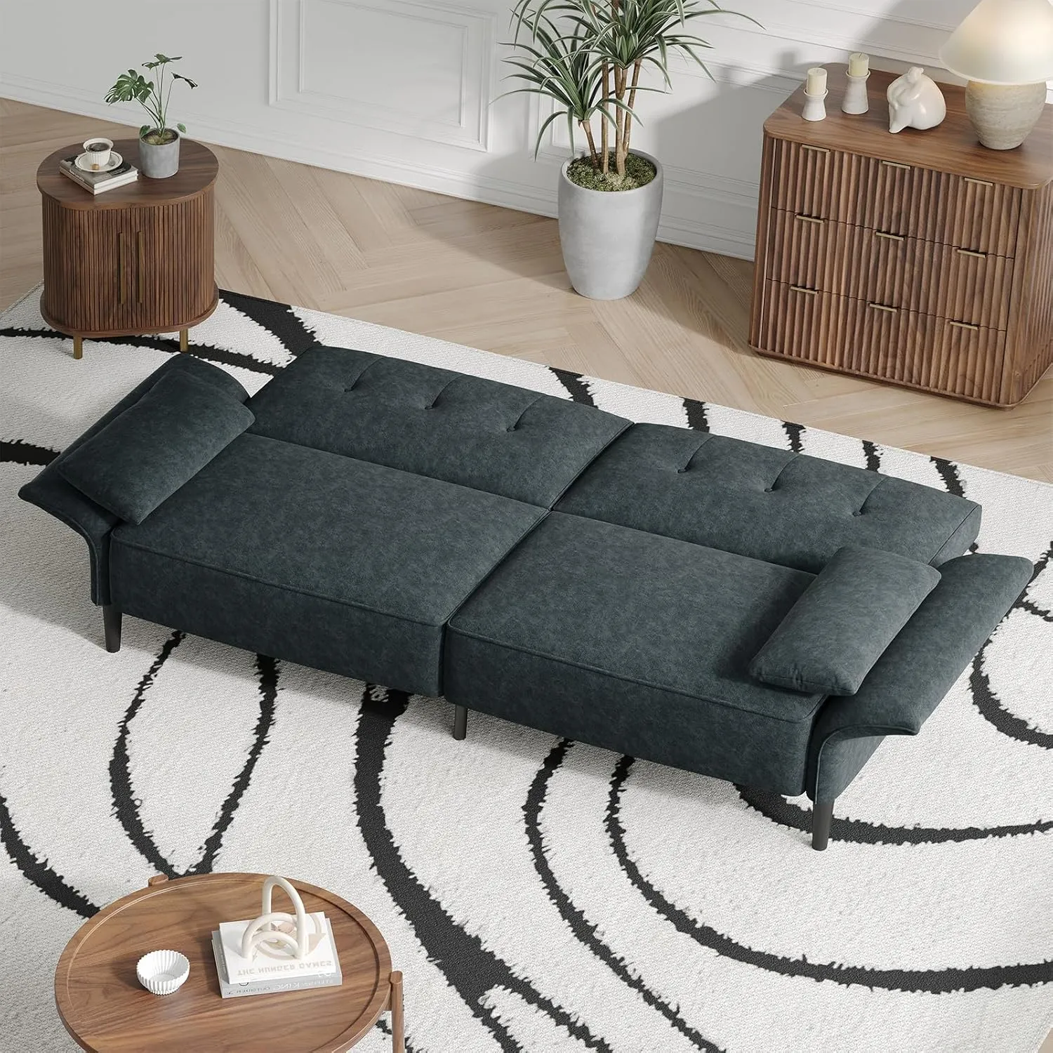 89” Futon Sofa Bed, Comfy Futon Couch Bed with 2 Square Pillows, Convertible Sleeper Sofa with Adjustable Backrest& Armrests, Modern Loveseat Sleeper for Living Room, Bedroom, Dark Gray
