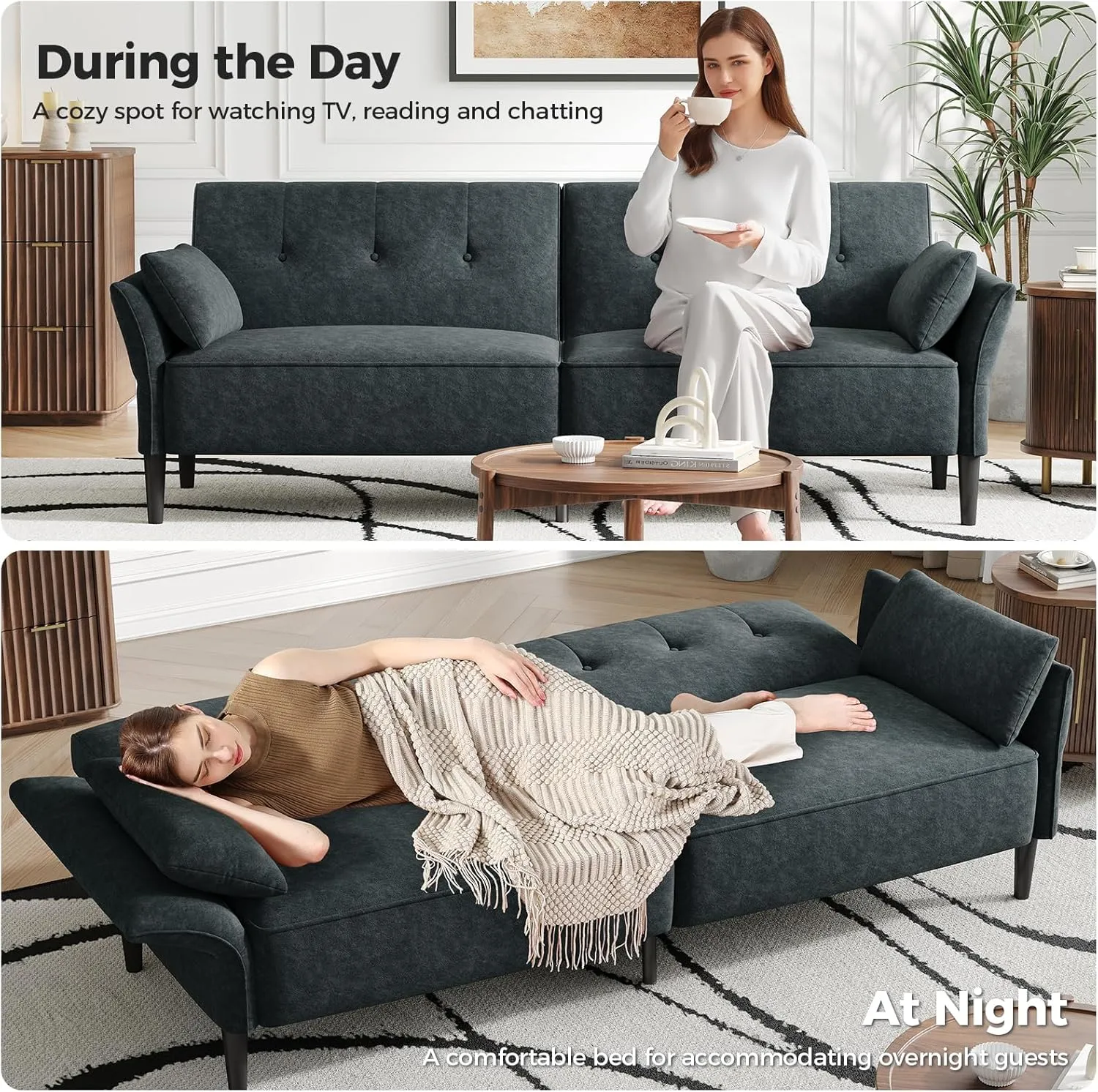 89” Futon Sofa Bed, Comfy Futon Couch Bed with 2 Square Pillows, Convertible Sleeper Sofa with Adjustable Backrest& Armrests, Modern Loveseat Sleeper for Living Room, Bedroom, Dark Gray