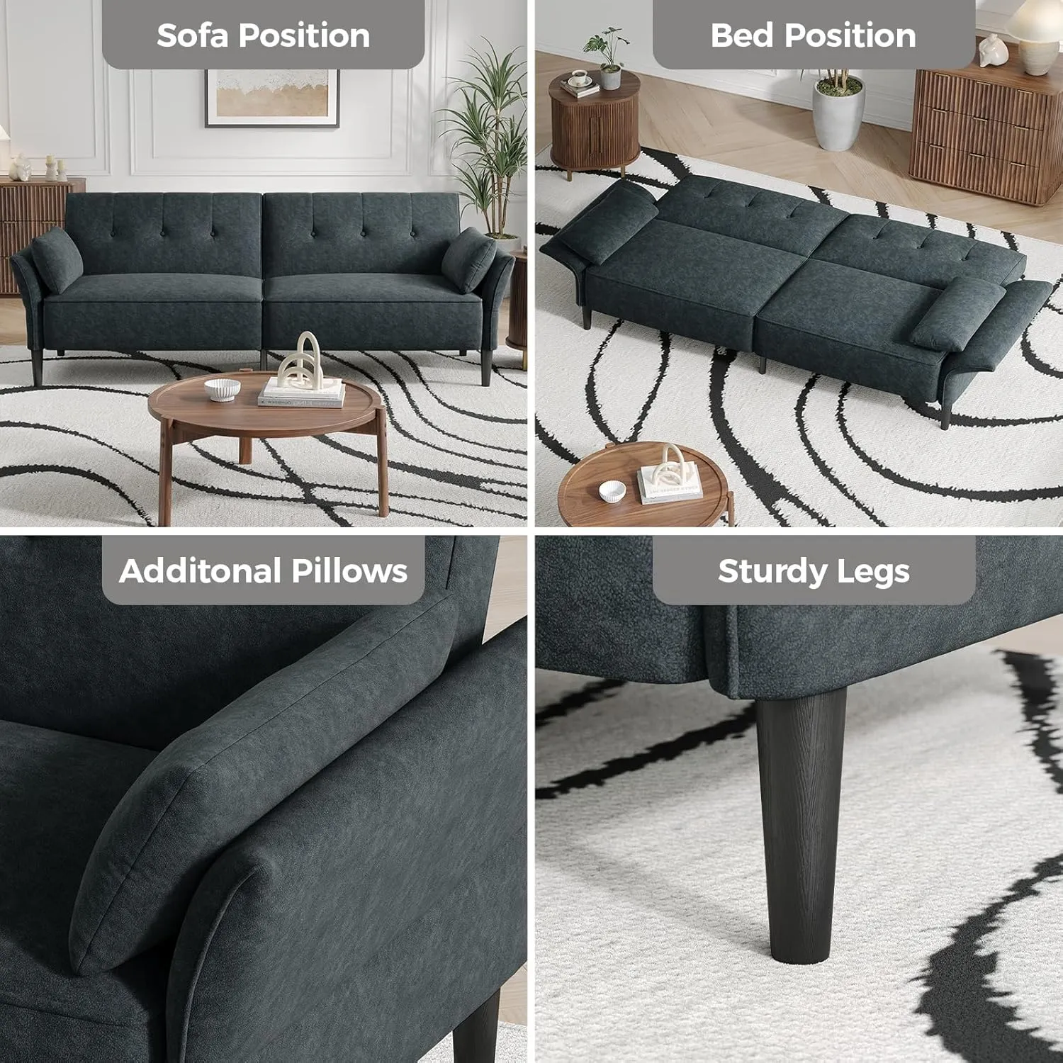 89” Futon Sofa Bed, Comfy Futon Couch Bed with 2 Square Pillows, Convertible Sleeper Sofa with Adjustable Backrest& Armrests, Modern Loveseat Sleeper for Living Room, Bedroom, Dark Gray