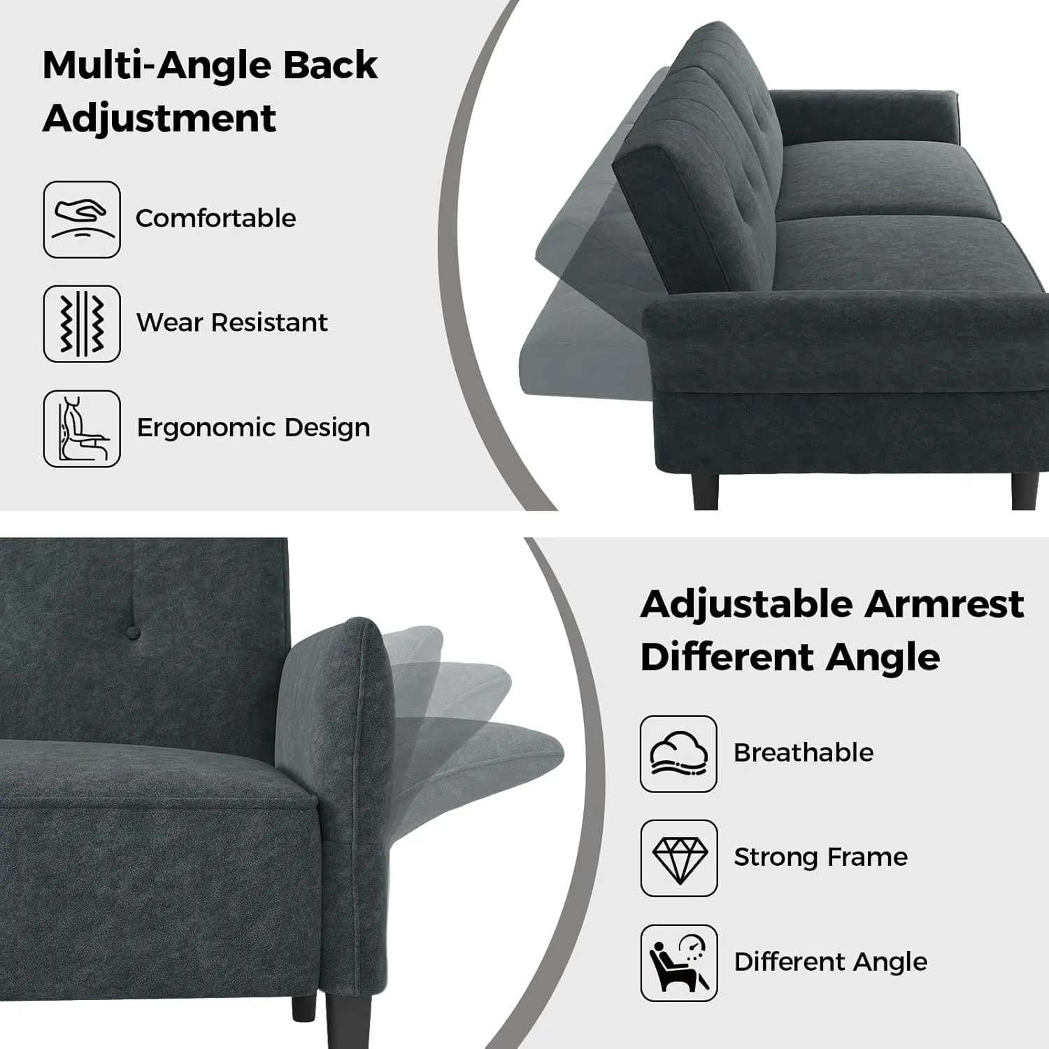 89” Futon Sofa Bed, Comfy Futon Couch Bed with 2 Square Pillows, Convertible Sleeper Sofa with Adjustable Backrest& Armrests, Modern Loveseat Sleeper for Living Room, Bedroom, Dark Gray