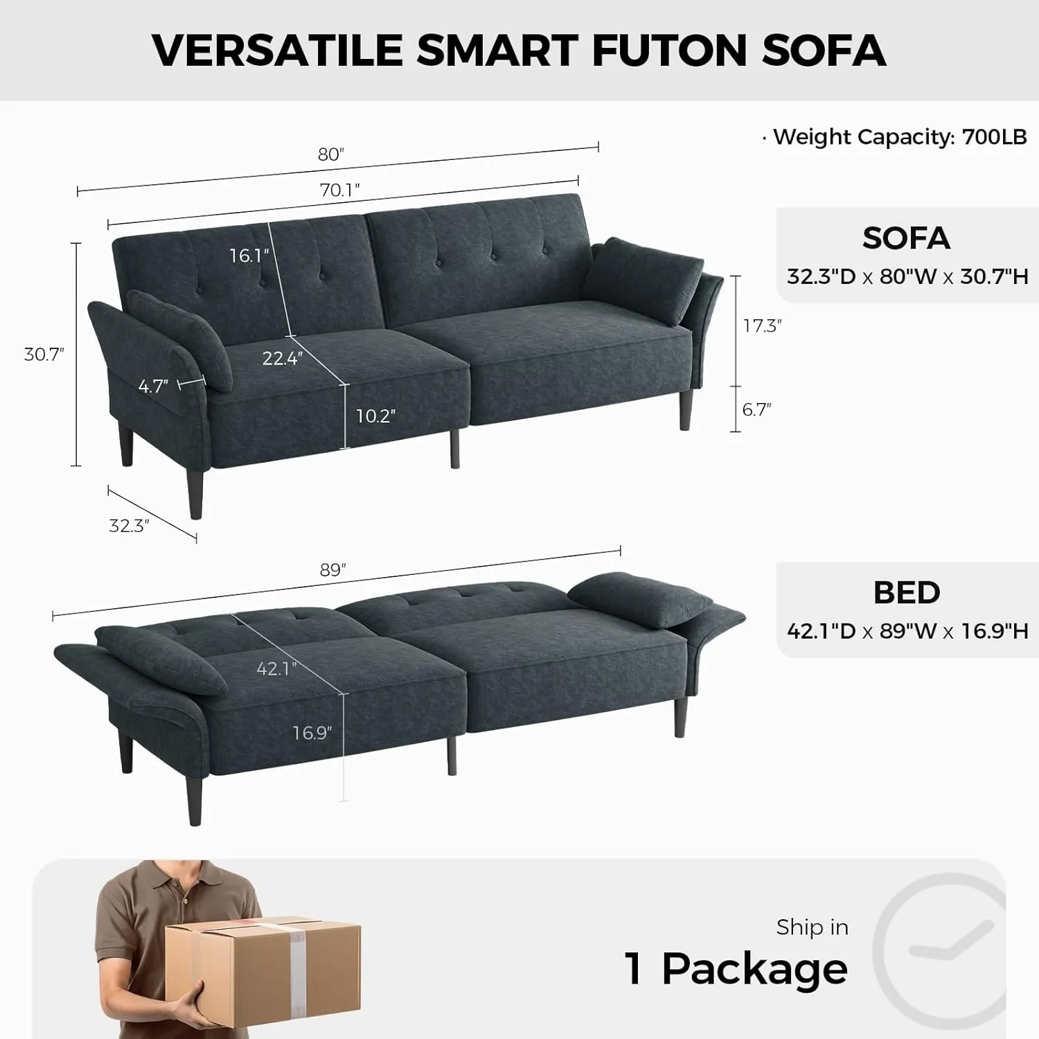 89” Futon Sofa Bed, Comfy Futon Couch Bed with 2 Square Pillows, Convertible Sleeper Sofa with Adjustable Backrest& Armrests, Modern Loveseat Sleeper for Living Room, Bedroom, Dark Gray