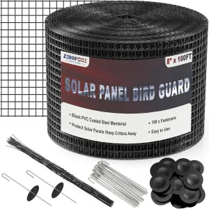 8inch x 100ft Solar Panel Bird Guard, Critter Guard for Solar Panels with 100 Pcs Stainless Steel Fasteners, Removable PVC Coated Pigeon Netting Wire for Squirrel, Bird, Critters Proofing