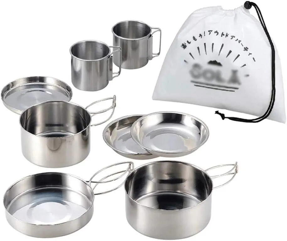 8pcs Outdoor Pan Set Stainless Steel Stacking Pots Hiking Pot Camping Cookware Non-Stick Picnic Cooking Bowl Pot Kit