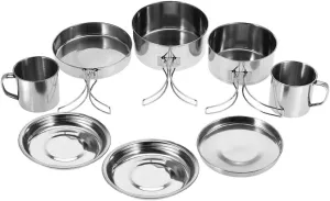 8Pcs/Set Portable Stainless Steel Cookware Set, Backpacking Camping Cookware Mini Picnic Hiking Cooking Mess Kit, Outdoor Cups Mugs Pot Holder Pan Plate