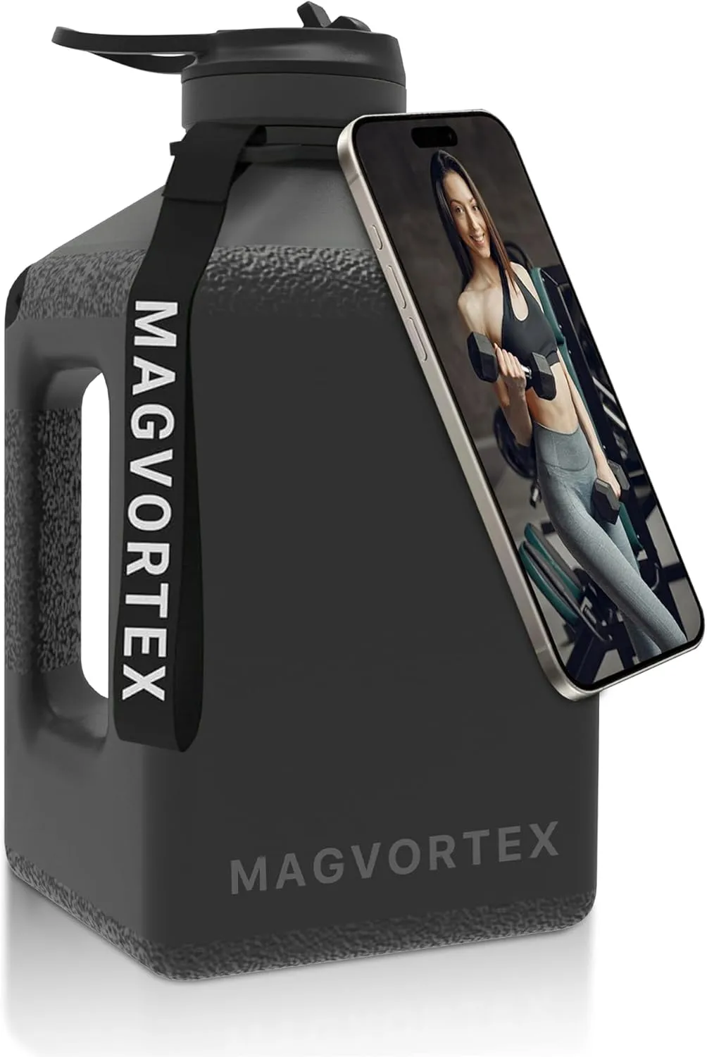 91oz Gym Daily Water Bottle Black – Large BPA-Free PETG Jug with Magnetic Plate Phone Mount, Leakproof Flip-Top Lid, Wide Mouth for Ice, Straw, Carry Strap, Stable Base, Time Marker