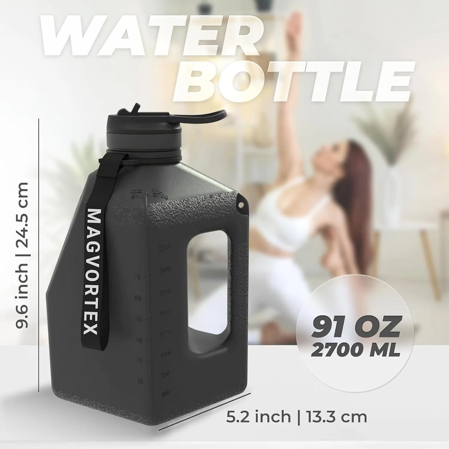 91oz Gym Daily Water Bottle Black – Large BPA-Free PETG Jug with Magnetic Plate Phone Mount, Leakproof Flip-Top Lid, Wide Mouth for Ice, Straw, Carry Strap, Stable Base, Time Marker